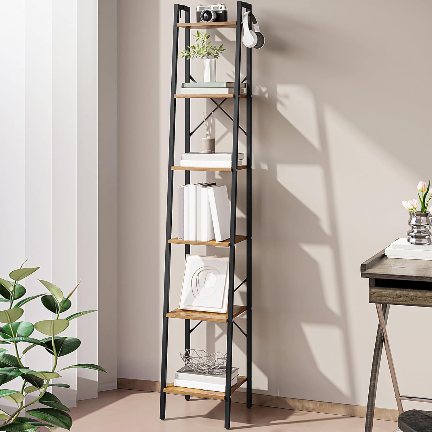 Hzuaneri Ladder Shelf, Bookshelf Bookcase, Freestanding Corner Storage Shelve with 2 Hooks for Home Office, Living Room, Kitchen, Bedroom, Industrial, 11.8" D x 13.4" W x 72.8" H,White Gold BC13313G