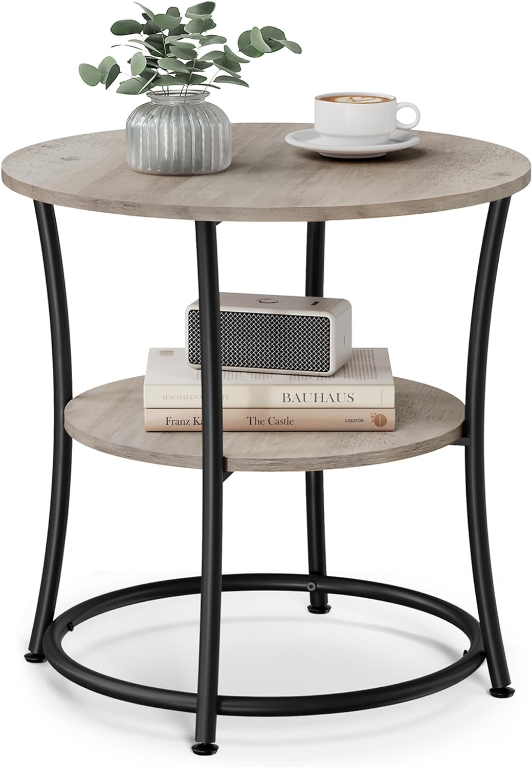 VASAGLE 21.7-Inch Round Side Table, 2-Tier End Table, Nightstand with Steel Frame, Spacious Top, for Small Spaces, Living Room, Bedroom, Heather Greige and Ink Black ULET56BG | 2 Storage Shelves