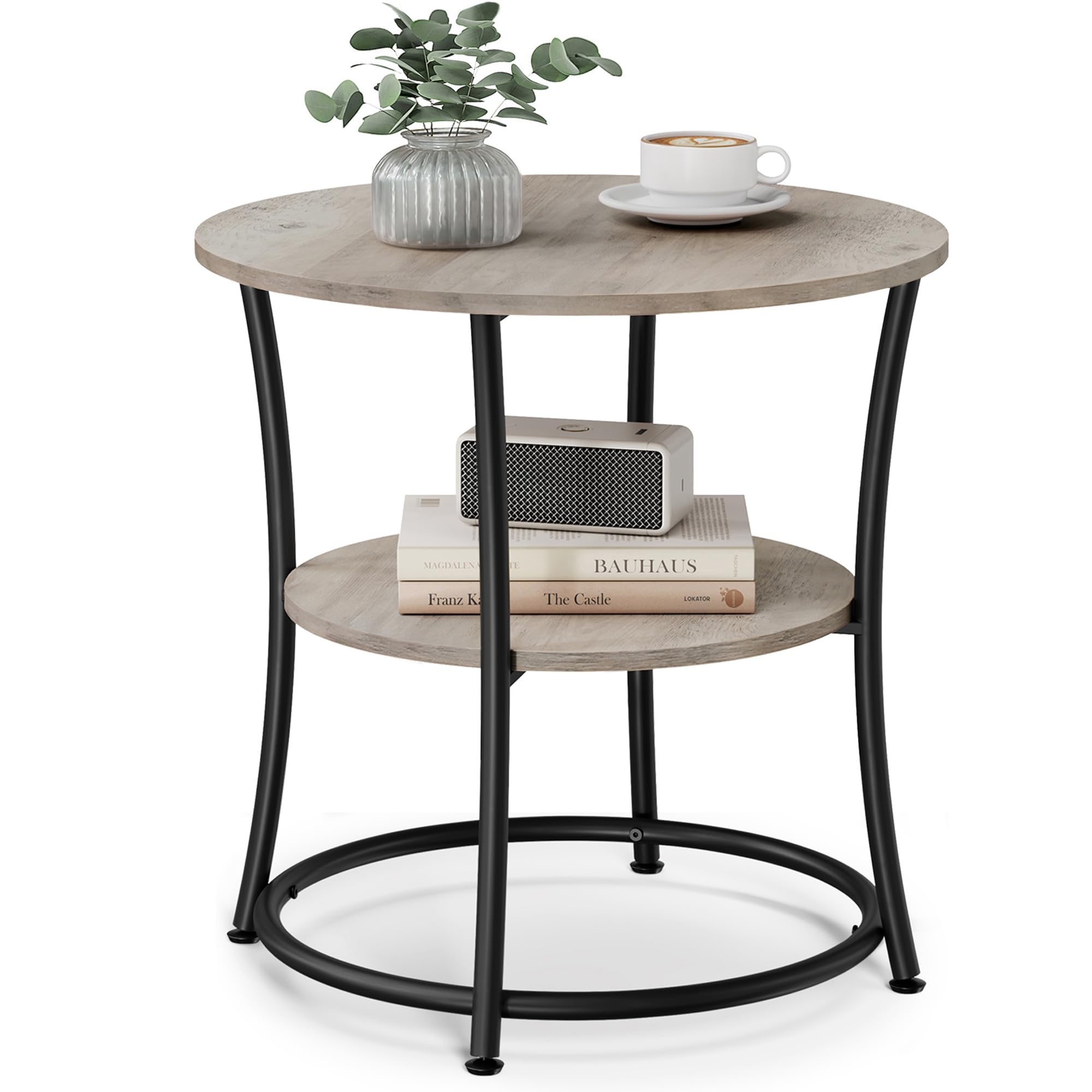 VASAGLE 21.7-Inch Round Side Table, 2-Tier End Table, Nightstand with Steel Frame, Spacious Top, for Small Spaces, Living Room, Bedroom, Heather Greige and Ink Black ULET56BG | 2 Storage Shelves