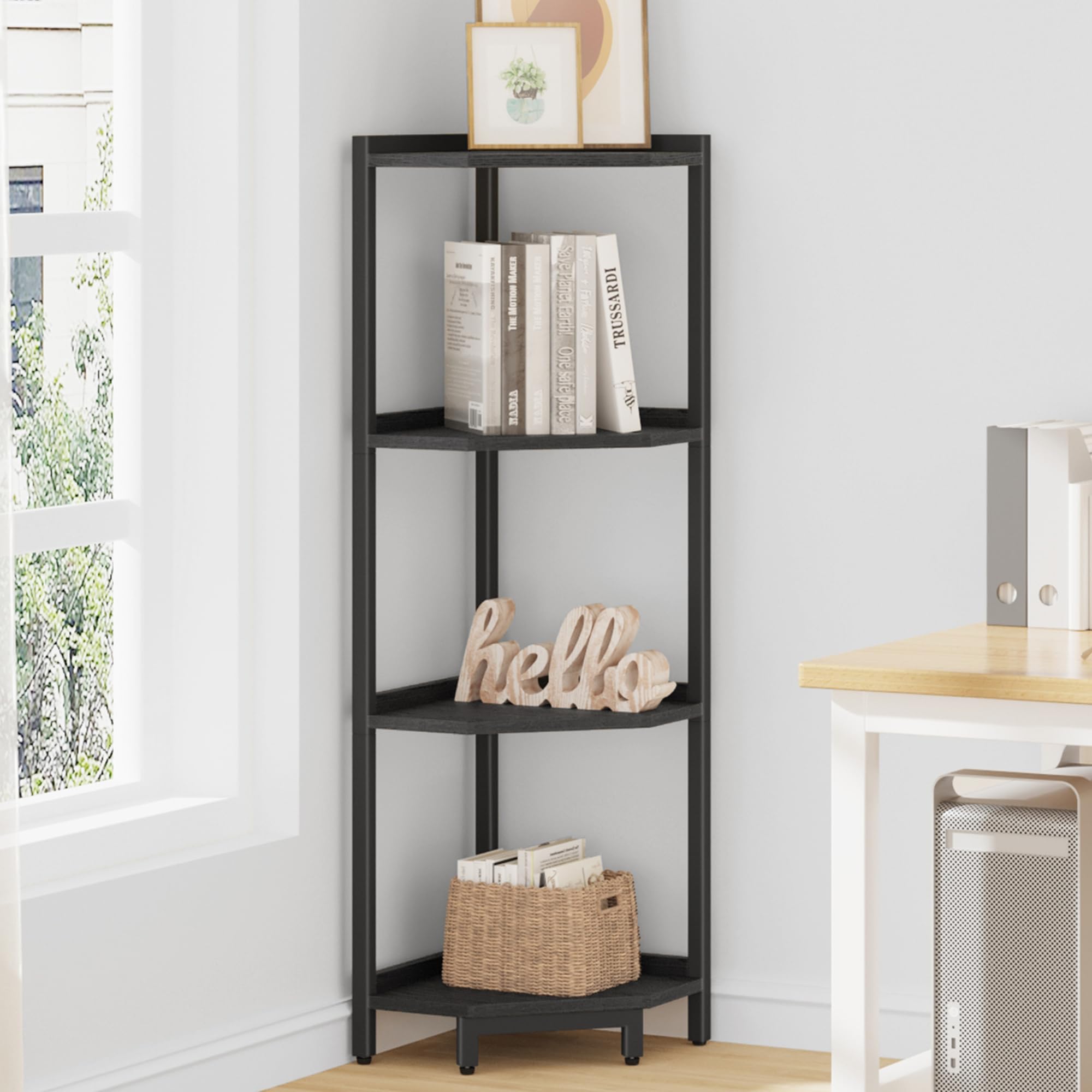 Hzuaneri Corner Shelf Stand, Corner Bookshelf, Storage Standing Shelf Unit with Metal Frame, Plant Stand, Bookcase for Living Room, Home Office, Bedroom, 6-Tier Rustic Brown CS06001B