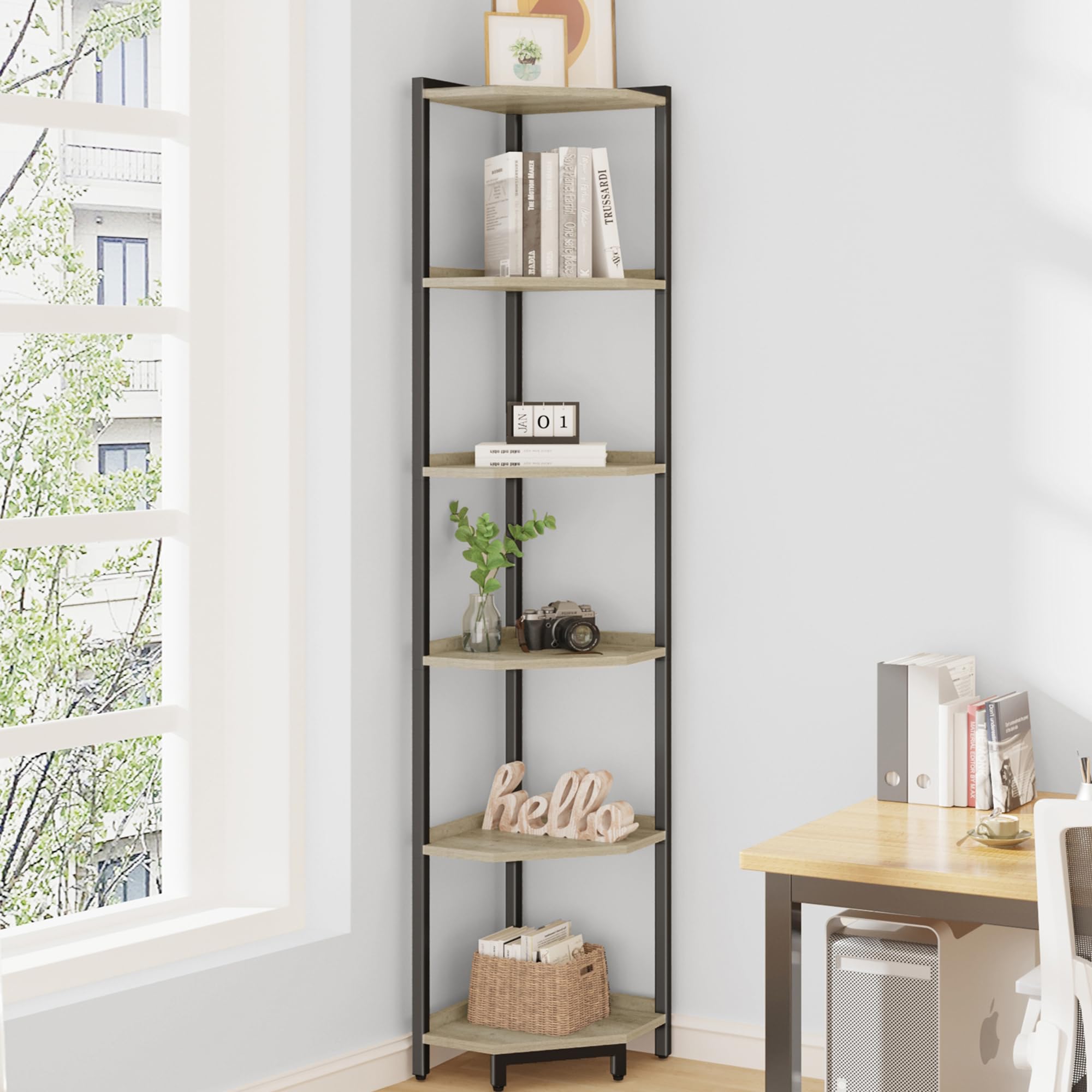 Hzuaneri Corner Shelf Stand, Corner Bookshelf, Storage Standing Shelf Unit with Metal Frame, Plant Stand, Bookcase for Living Room, Home Office, Bedroom, 6-Tier Rustic Brown CS06001B