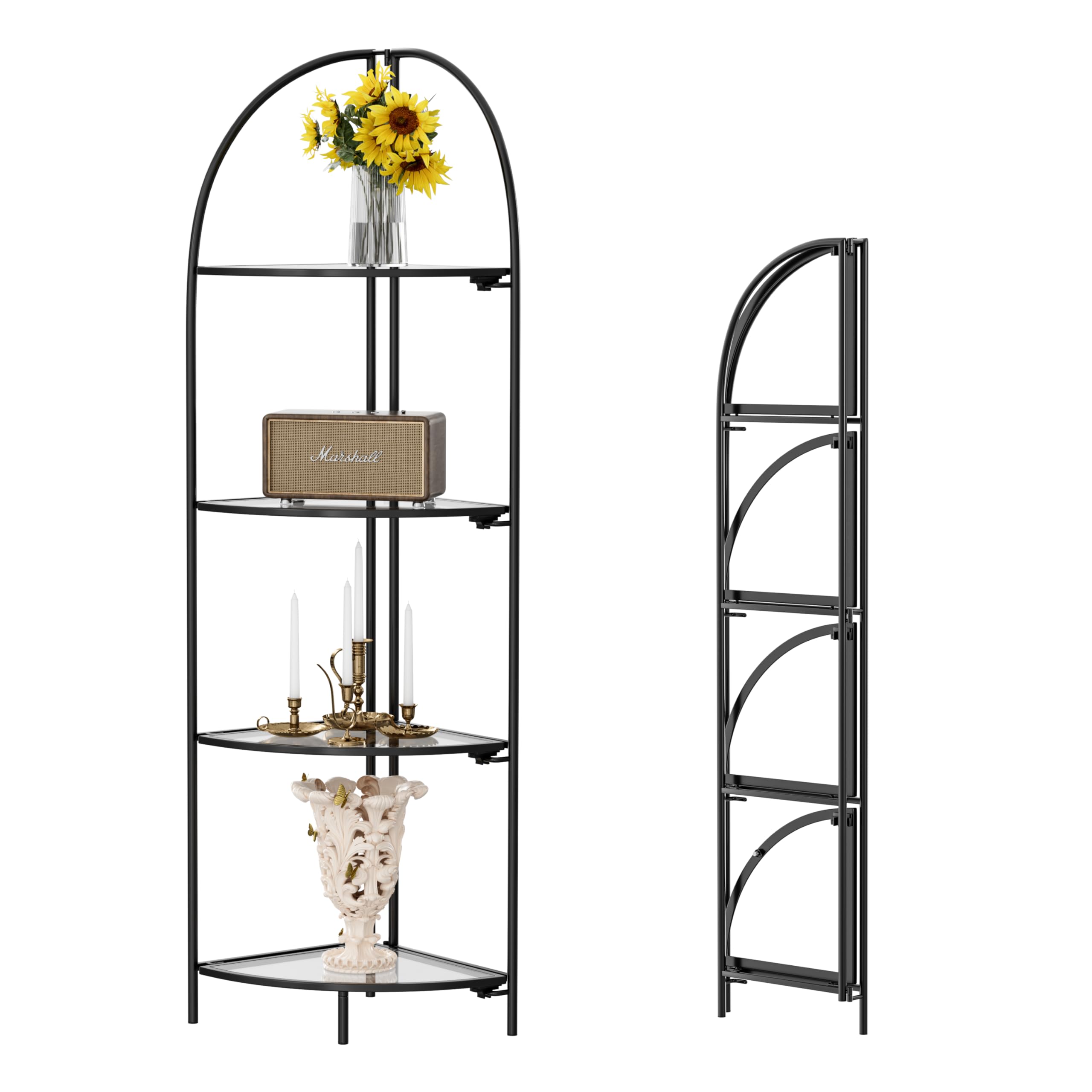 Crofy Foldable 5 Tier Corner Shelf, Metal Corner Plant Stand with Gold Frame and Transparent Shelves, Corner Display Rack Multipurpose Shelving Unit for Living Room, Bedroom, Bathroom