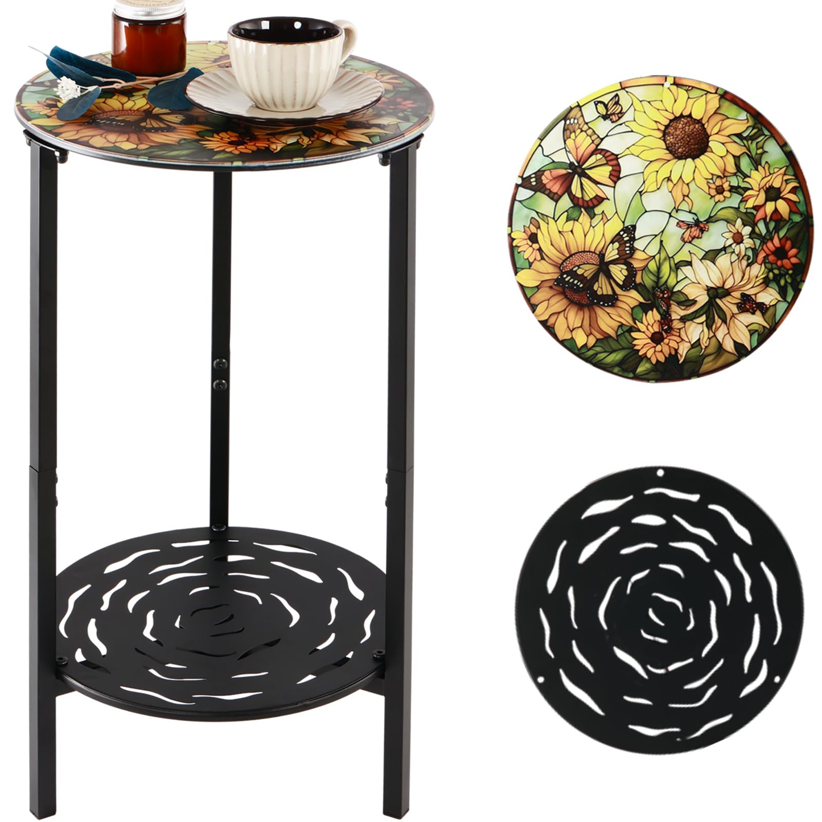 2-Tier Metal Round Side Table Black Accent Coffee Tables Small Space Corner Plant Stand Shelf for Indoor Outdoor Use Patio Balcony End Table Laser-Cut Floral Pattern Weather-Resistant