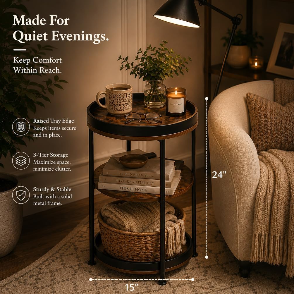 Dulcii Side Table, Round End Table with 3 Storage Shelves for Living Room, Bedroom, Nightstand with Steel Frame for Small Spaces, Industrial Round Sofa Table, Outdoor Accent Coffee Table, Rustic Brown