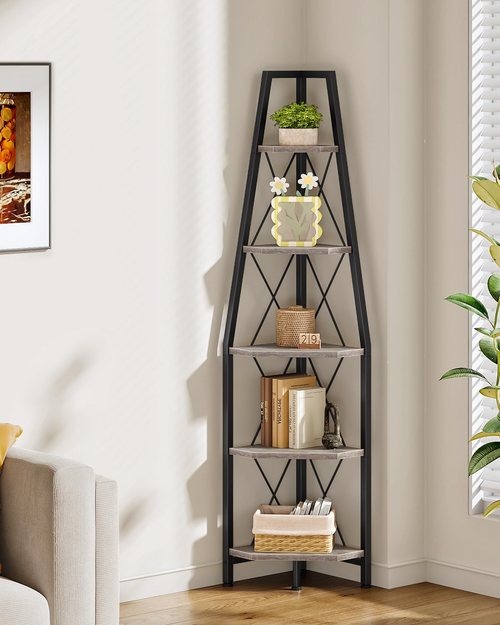 CHOEZON 5-Tier Corner Shelf, Corner Bookshelf, Ladder Shelf, Floor Standing Storage Rack, Open Display Stand, Plant Stand, for Living Room, Bedroom, Study, Bathroom, Rustic Brown and Black TCJ22BF