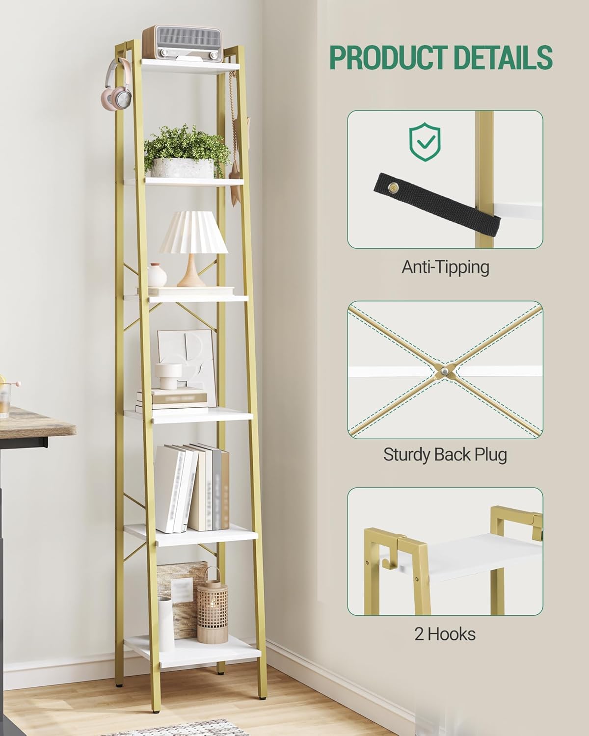 Hzuaneri Ladder Shelf, Bookshelf Bookcase, Freestanding Corner Storage Shelve with 2 Hooks for Home Office, Living Room, Kitchen, Bedroom, Industrial, 11.8" D x 13.4" W x 72.8" H,White Gold BC13313G