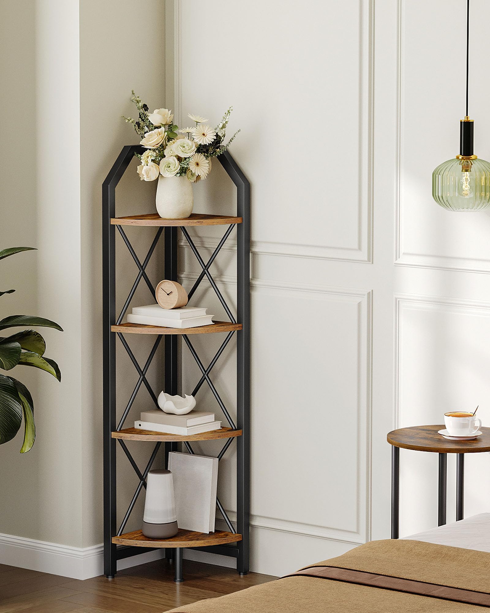 CHOEZON 59.4" Corner Shelf, 5-Tier Industrial Corner Bookshelf, Corner Storage Stand, Plant Stand Display Shelf, Bookcase for Bedroom, Living Room, Home Office, Rustic Brown and Black TCJ10BF