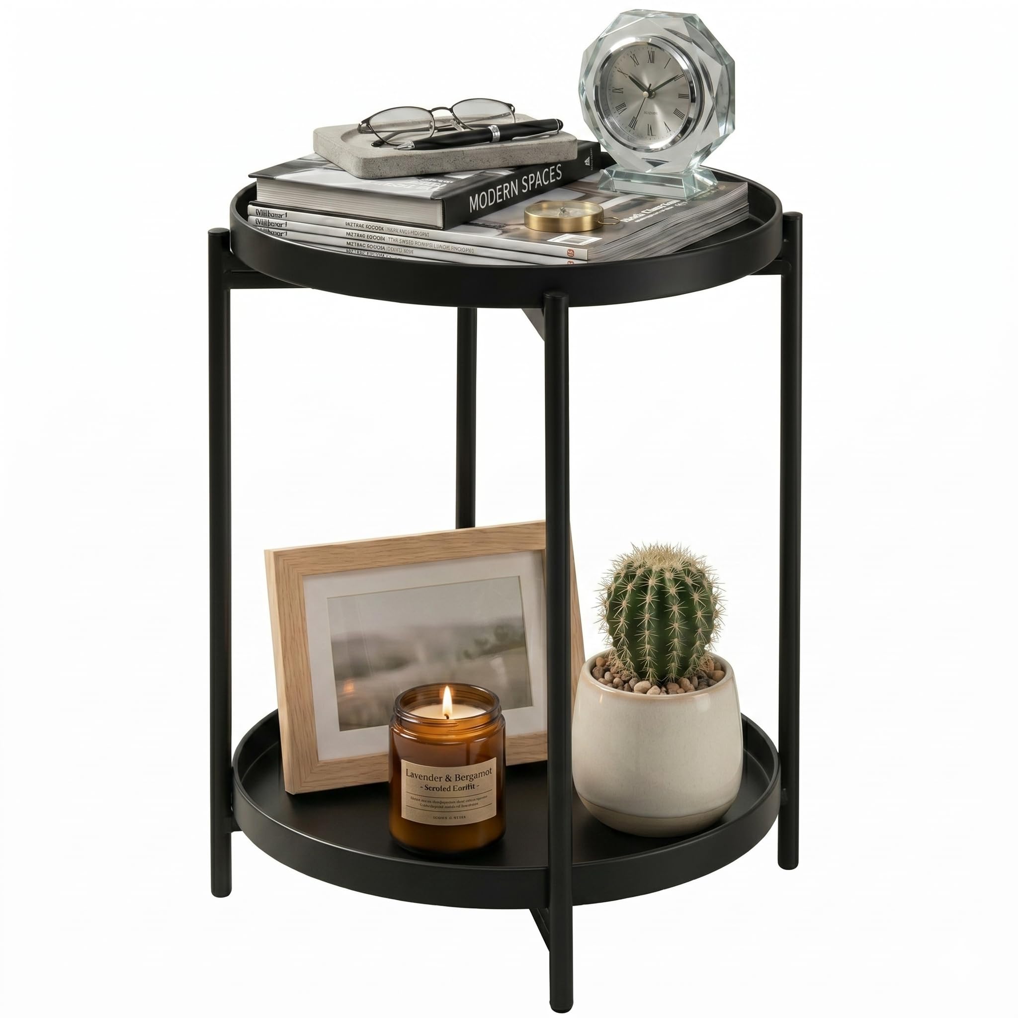 TeoKJ 2 Tier Gold Side Table, Folding Round Metal End Table Small Nightstand with Two Removable Tray for Bedroom Living Room Small Spaces Bedside Gold