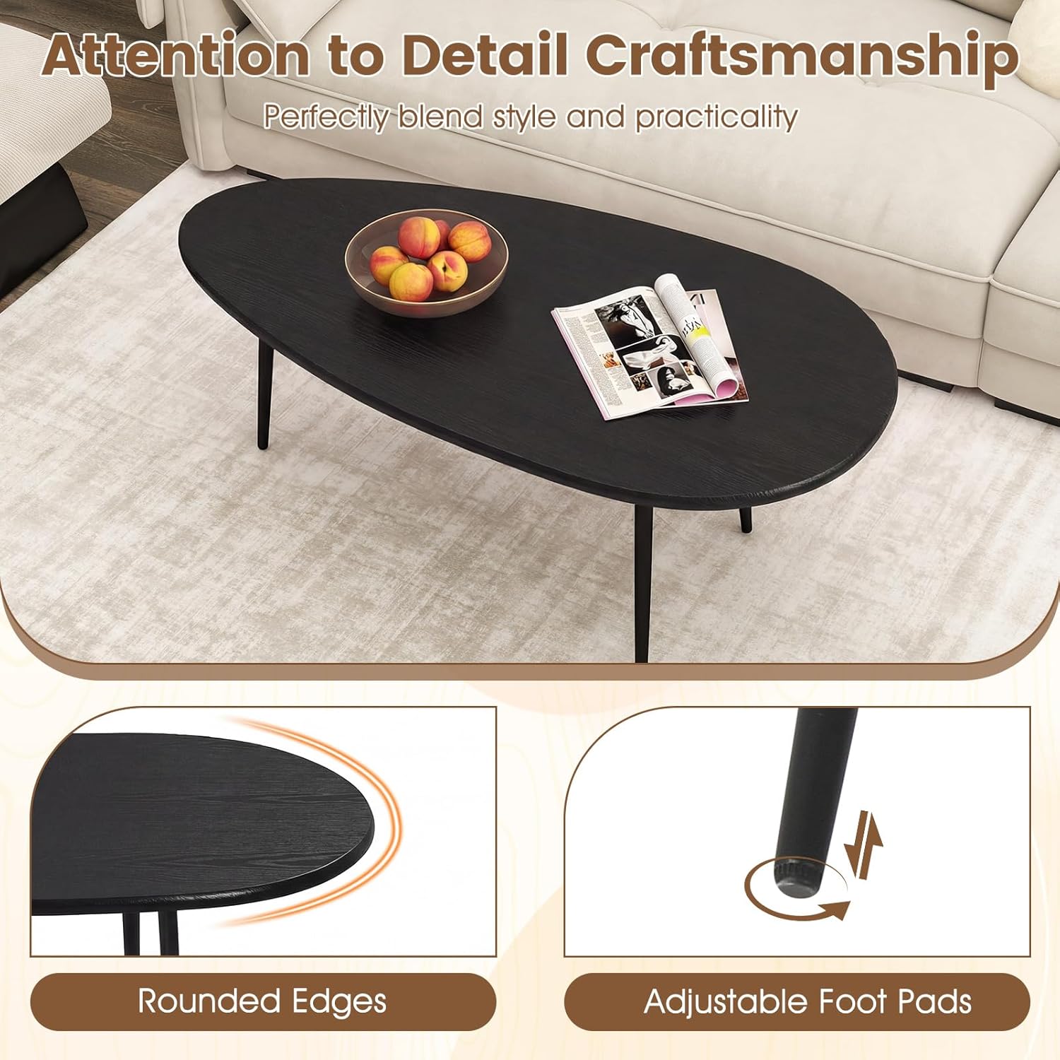Giantex Oval Coffee Table, Mid Century Modern Center Table with Sturdy Metal Frame and Compact Design, Vintage Accent Cocktail Tea Table, Wood Living Room Tables for Small Spaces (Black)