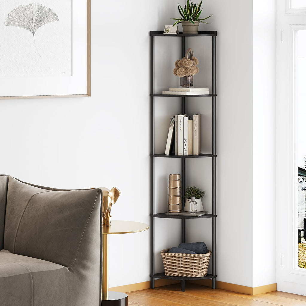 SUNMORY 5 Tier Corner Shelf Stand,Industrial 65" Corner Shelves Display Shelf for Living Room Decor,Wall Corner Bookshelf Multi Unit Organizer,Tall Shelf Plant Stand for Bedroom,Bathroom,Small Space