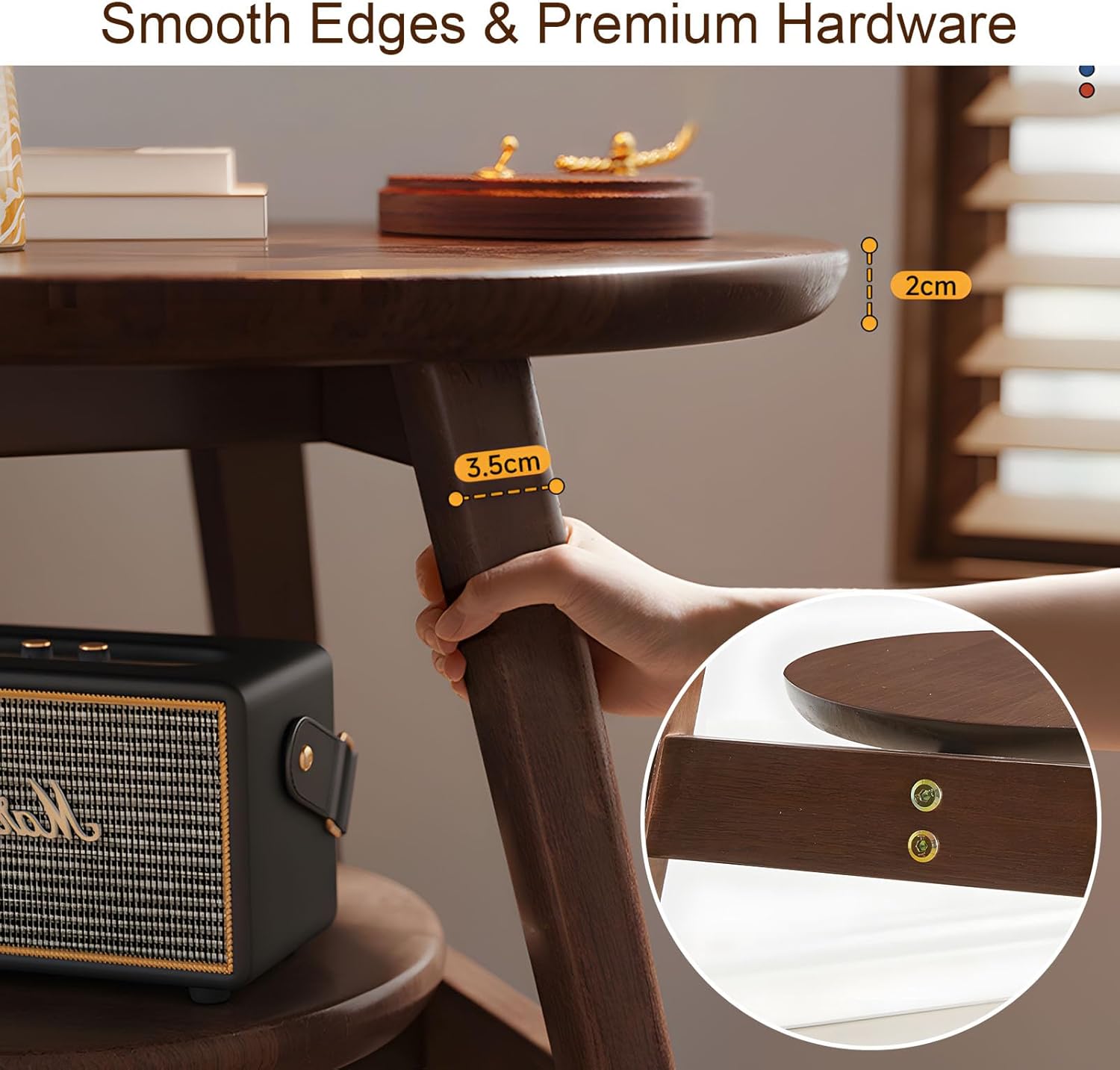 Side Table, Small Round End Table with 2-Tier Shelf, Solid Wood Nightstand for Small Spaces, Mid Century Modern Accent Table for Living Room Bedroom, Walnut