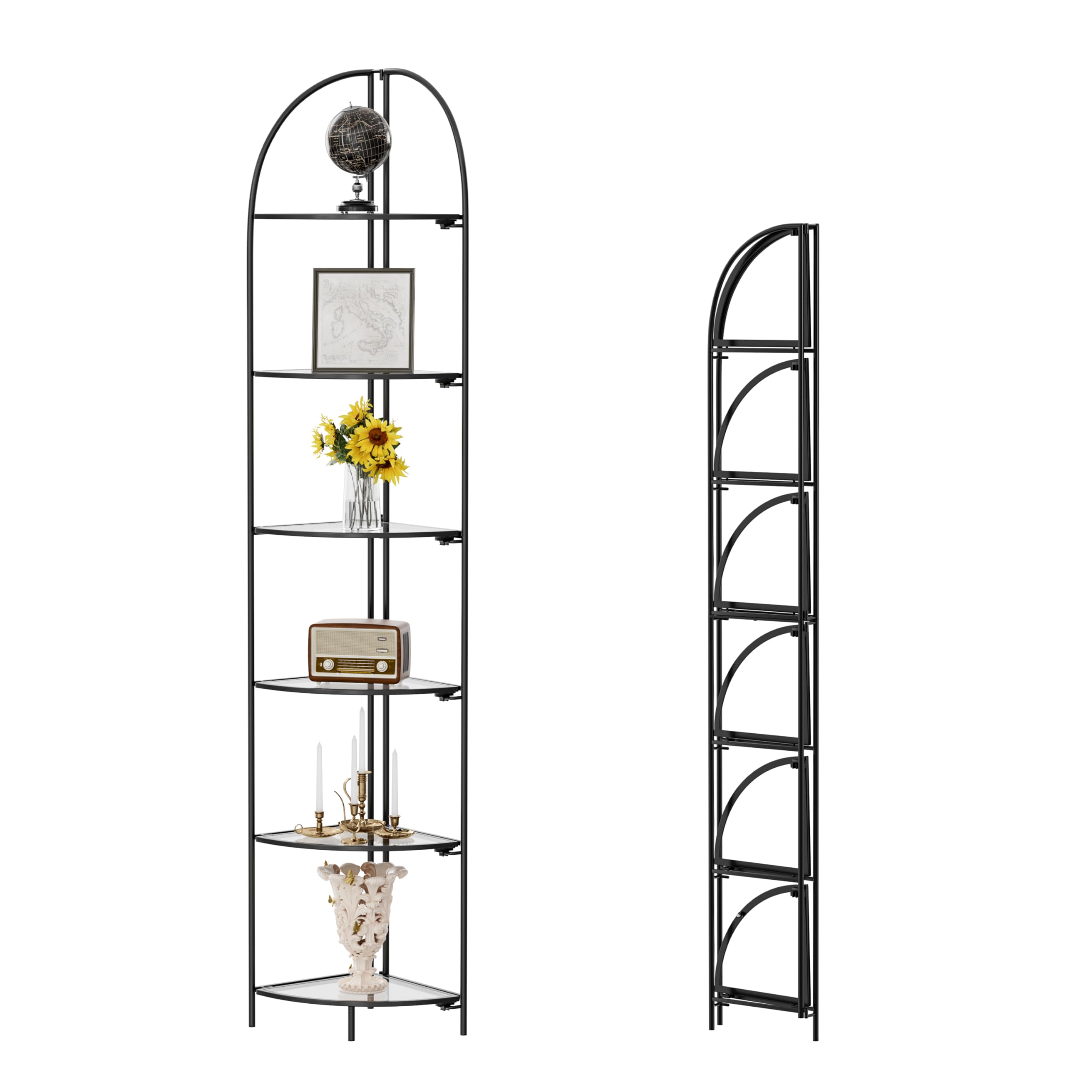 Crofy Foldable 5 Tier Corner Shelf, Metal Corner Plant Stand with Gold Frame and Transparent Shelves, Corner Display Rack Multipurpose Shelving Unit for Living Room, Bedroom, Bathroom
