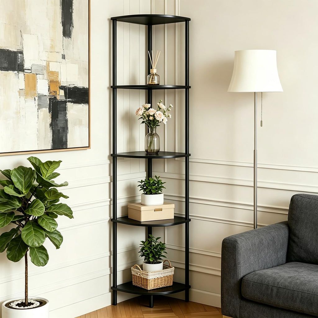 Corner Shelf Stand 5 Tier, Tall Slim Corner Bookshelf, Small Storage Display Shelving Unit for Home Office, Bathroom, Bedroom, Easy Assembly with Anti-Tip Design, Rustic Brown