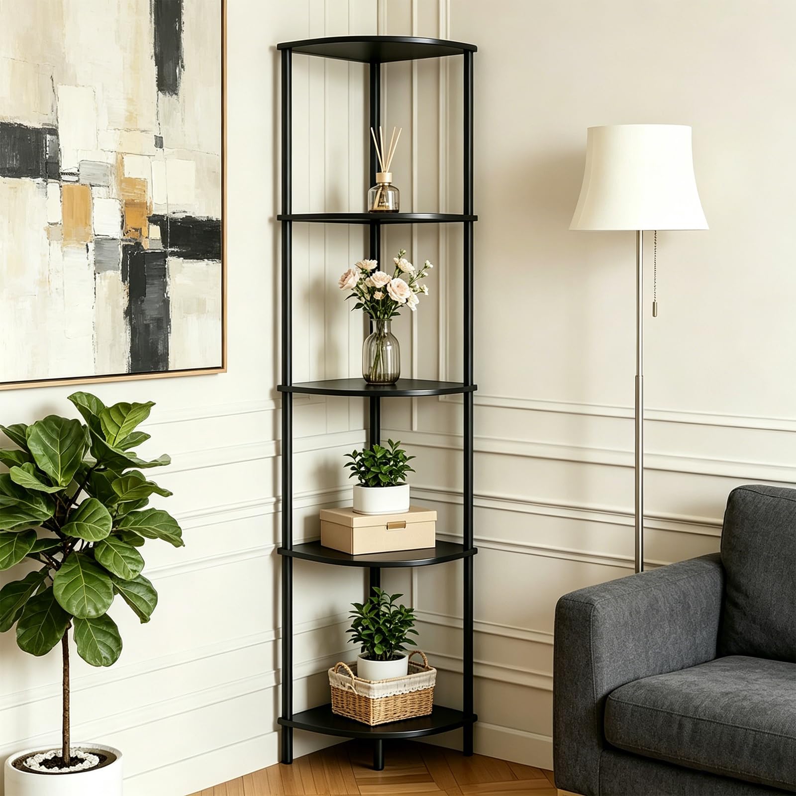 Corner Shelf Stand 5 Tier, Tall Slim Corner Bookshelf, Small Storage Display Shelving Unit for Home Office, Bathroom, Bedroom, Easy Assembly with Anti-Tip Design, Rustic Brown
