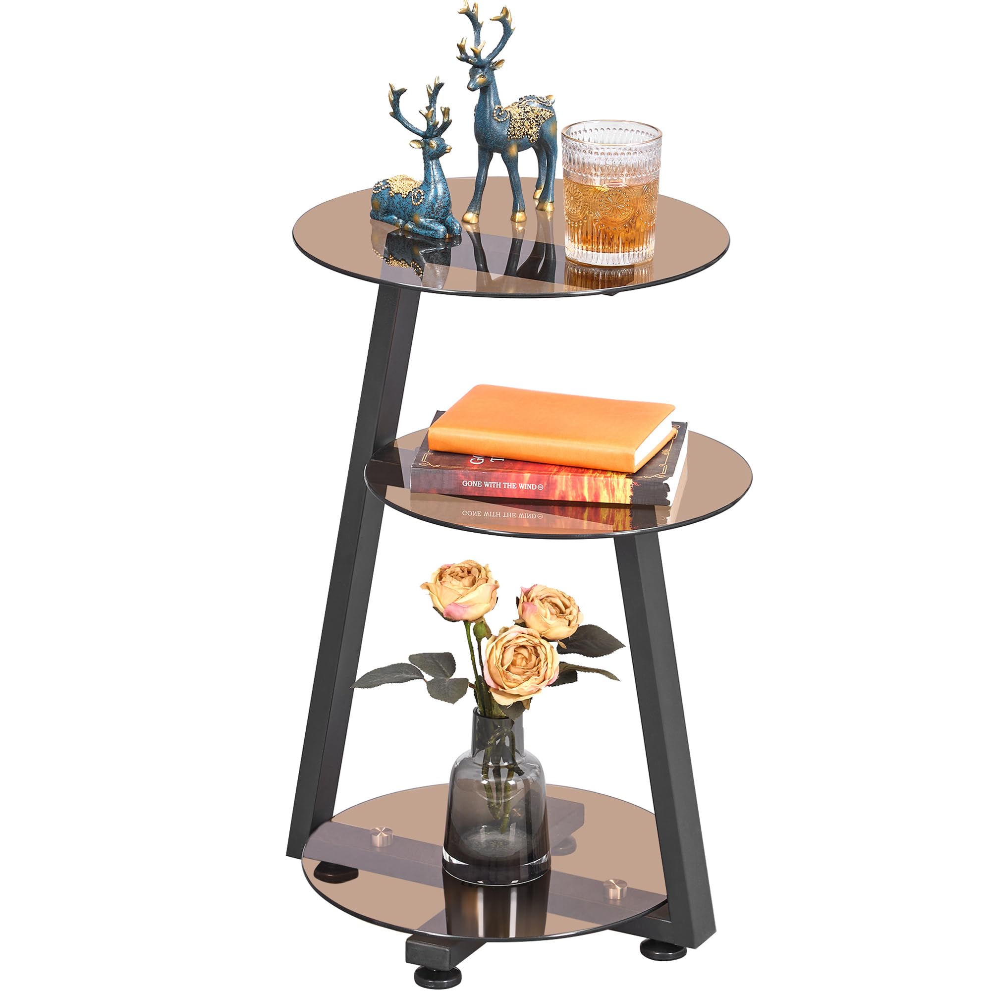 BEWISHOME Round End Table Side Table with Metal Frame, Accent Table Nightstand Bedside Table with 3-Tier Shelves, Small Couch Coffee Table for Living Room Bedroom Greige KTZ41G