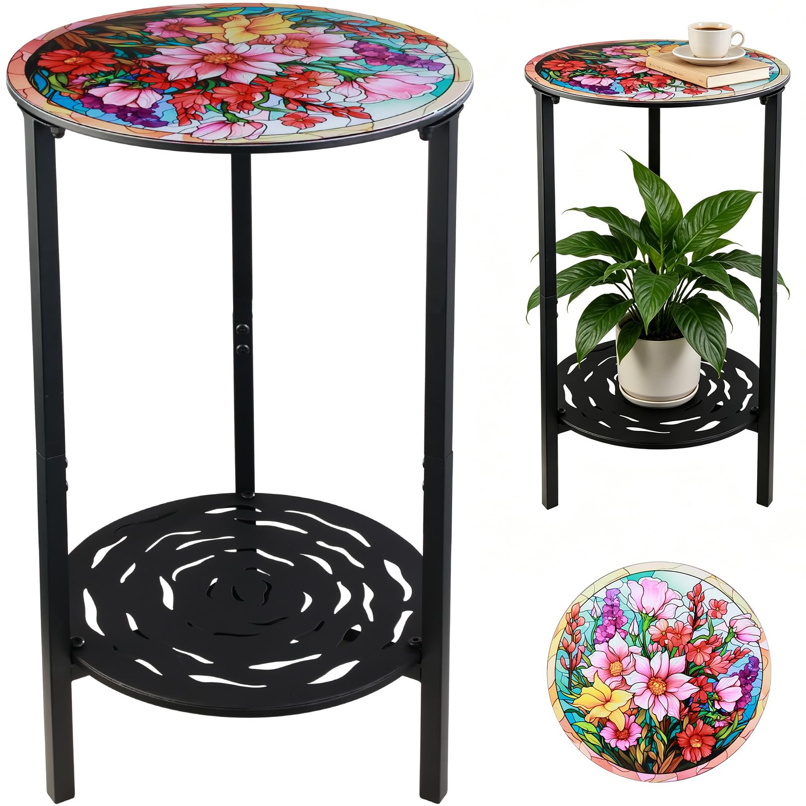 2-Tier Metal Round Side Table Black Accent Coffee Tables Small Space Corner Plant Stand Shelf for Indoor Outdoor Use Patio Balcony End Table Laser-Cut Floral Pattern Weather-Resistant
