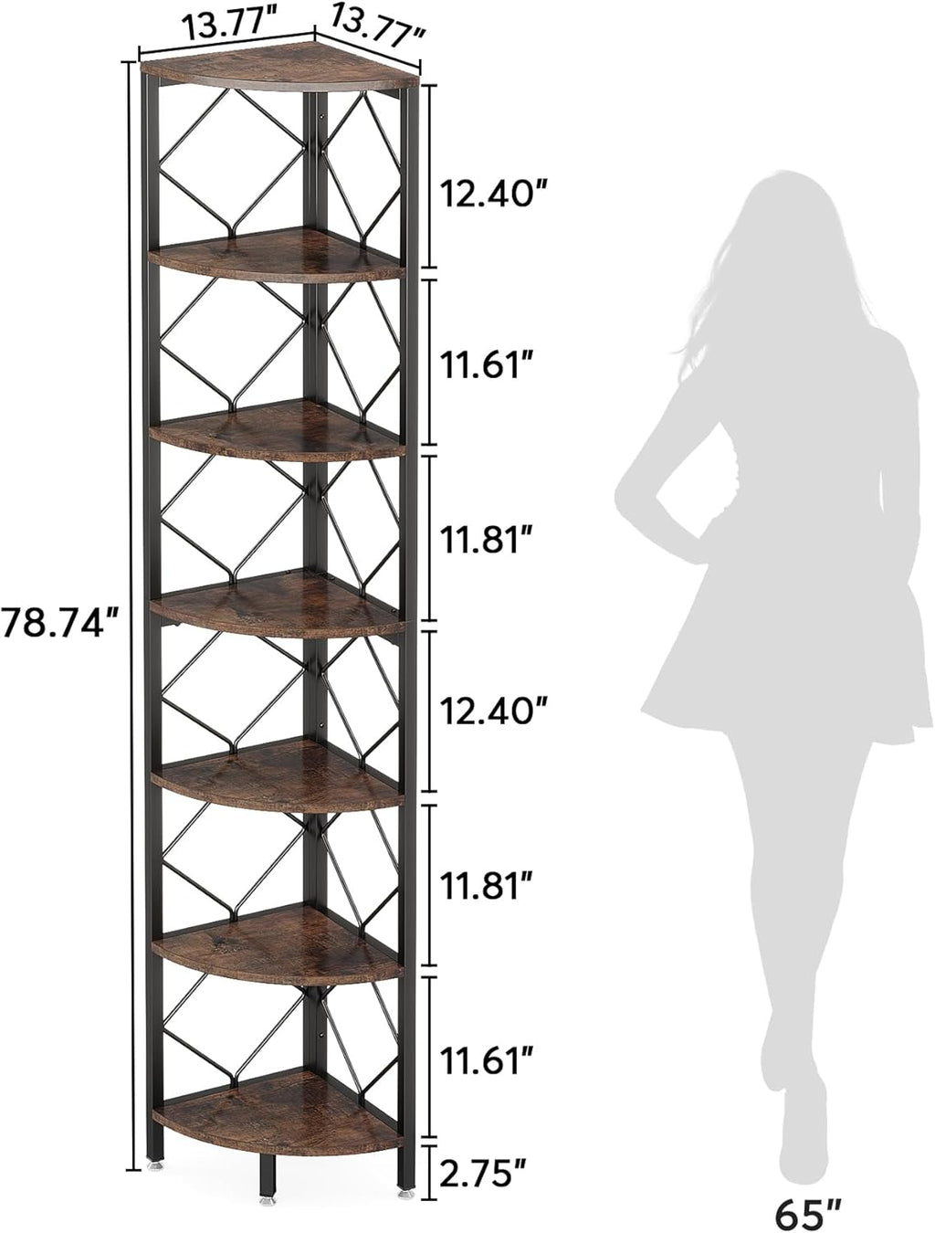 Tribesigns 7-Tier Corner Shelf, 78.7” Extra Tall Corner Bookcase, Industrial Slim Corner Bookshelf for Small Narrow Space, Wood Corner Shelf Stand Storage Rack for Living Room, Home Office