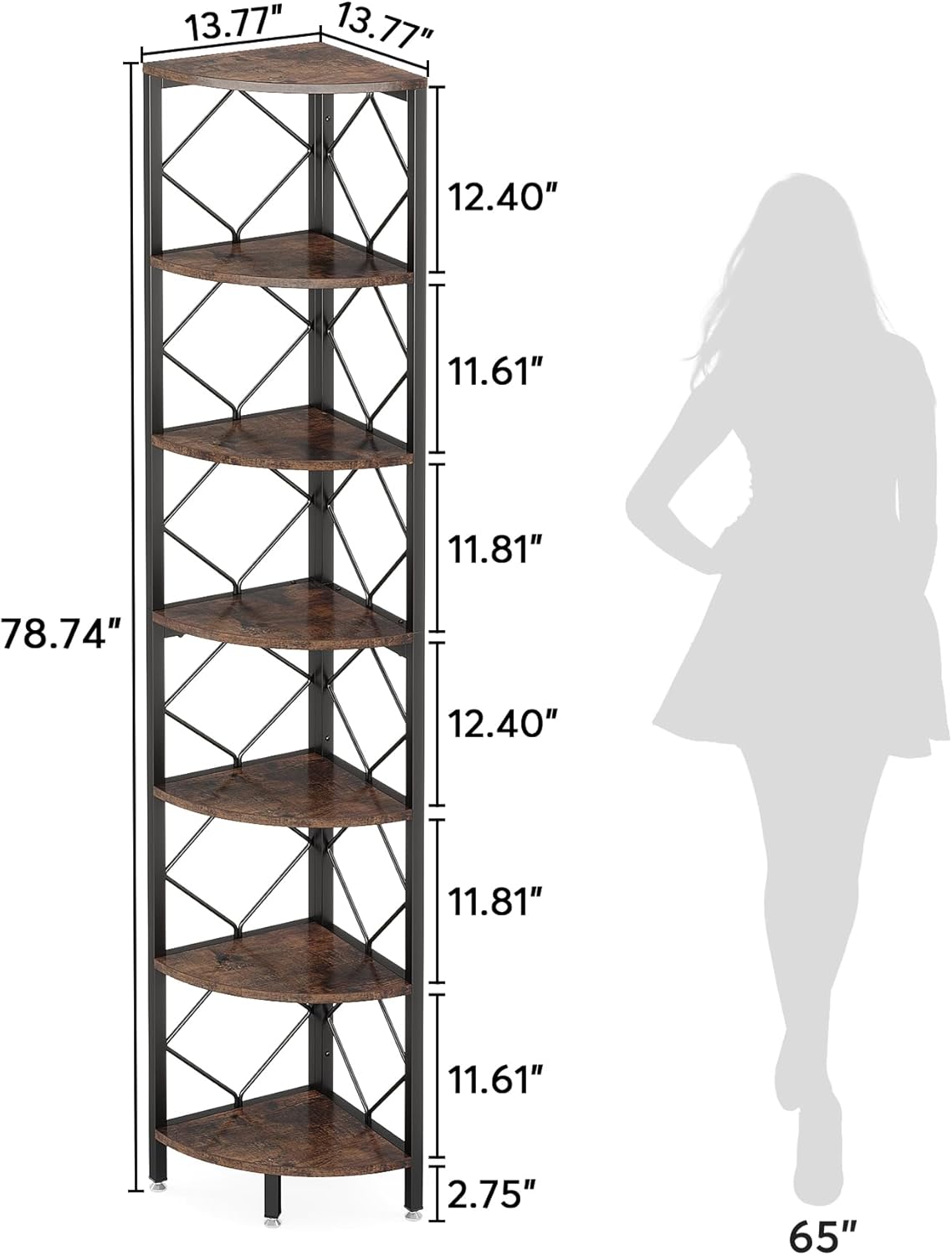 Tribesigns 7-Tier Corner Shelf, 78.7” Extra Tall Corner Bookcase, Industrial Slim Corner Bookshelf for Small Narrow Space, Wood Corner Shelf Stand Storage Rack for Living Room, Home Office