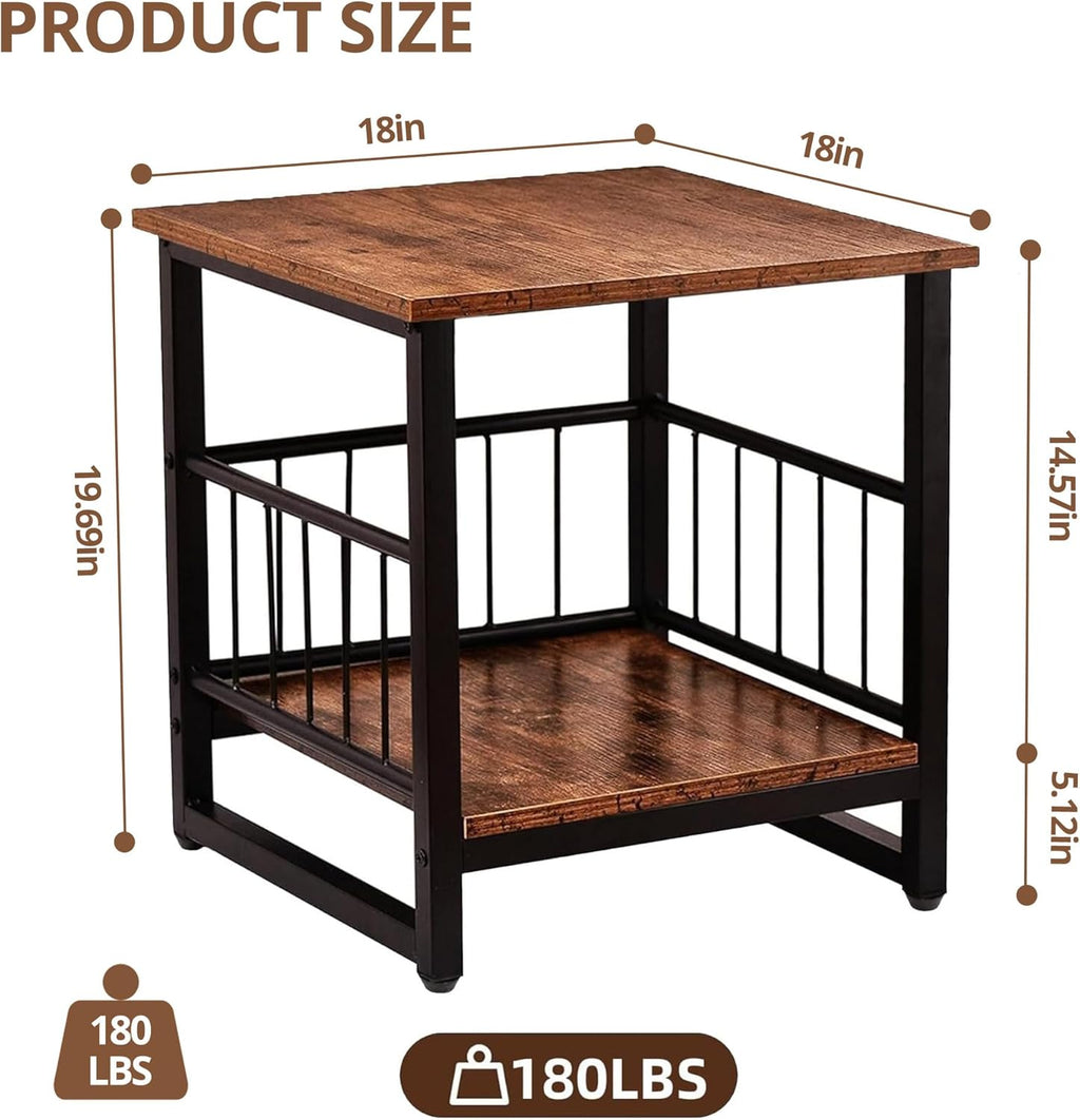 EazeHome Industrial Night Stand, 18” Square Side Table with Open Storage Shelf, Bedside End Table for Bedroom, Heavy Duty Stand for Mini Fridge for Dorm, Kitchen Room, Rustic Brown