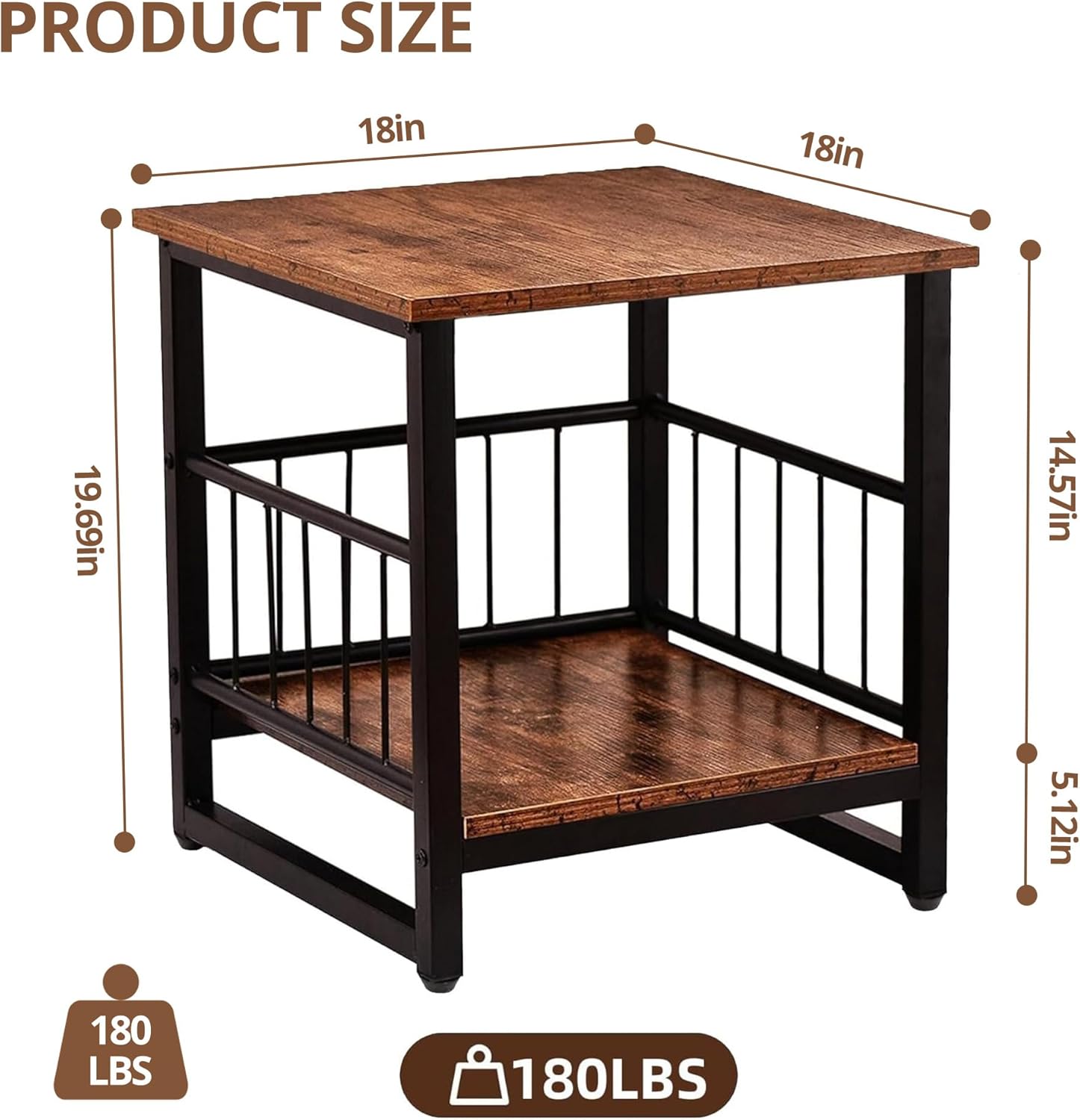 EazeHome Industrial Night Stand, 18” Square Side Table with Open Storage Shelf, Bedside End Table for Bedroom, Heavy Duty Stand for Mini Fridge for Dorm, Kitchen Room, Rustic Brown