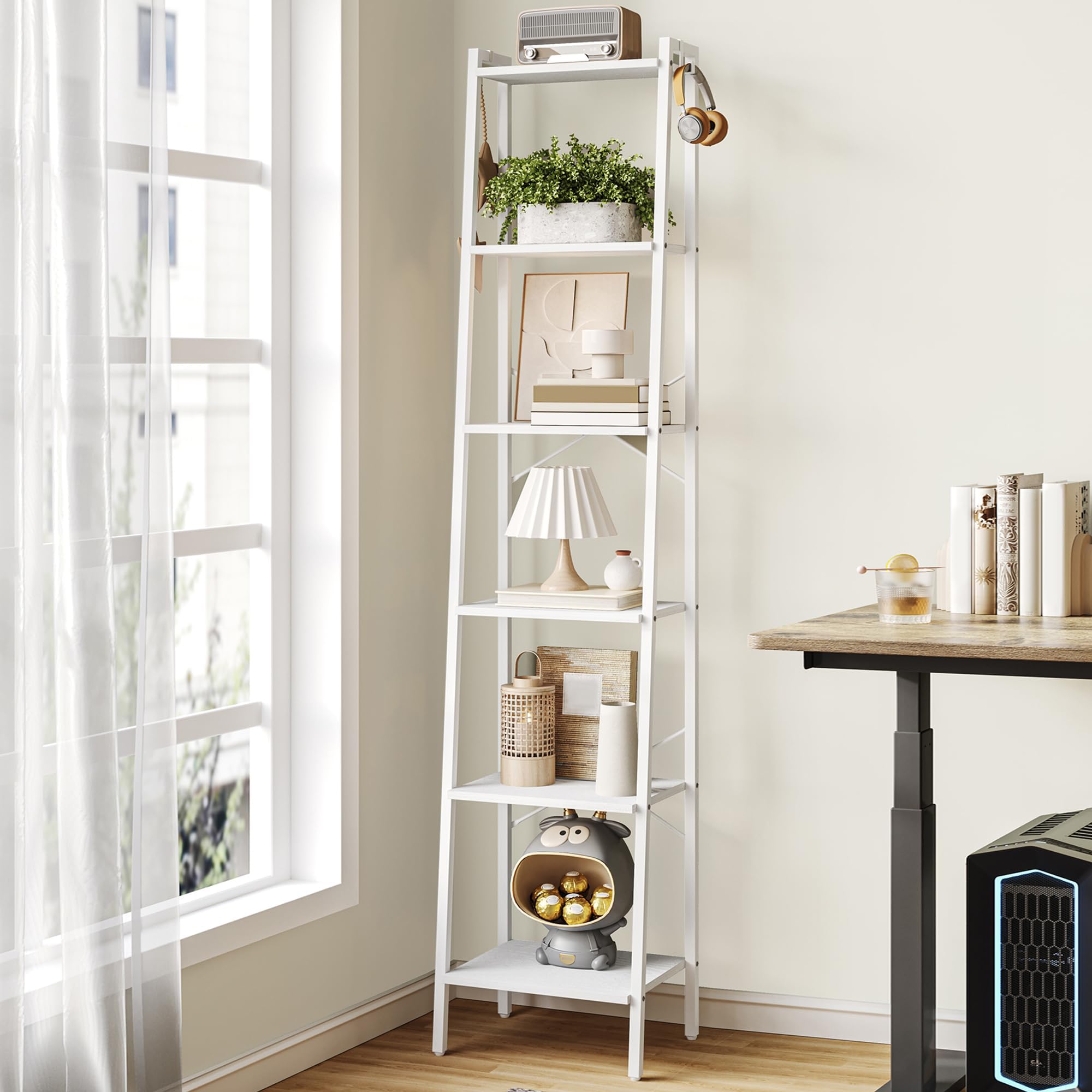 Hzuaneri Ladder Shelf, Bookshelf Bookcase, Freestanding Corner Storage Shelve with 2 Hooks for Home Office, Living Room, Kitchen, Bedroom, Industrial, 11.8" D x 13.4" W x 72.8" H,White Gold BC13313G