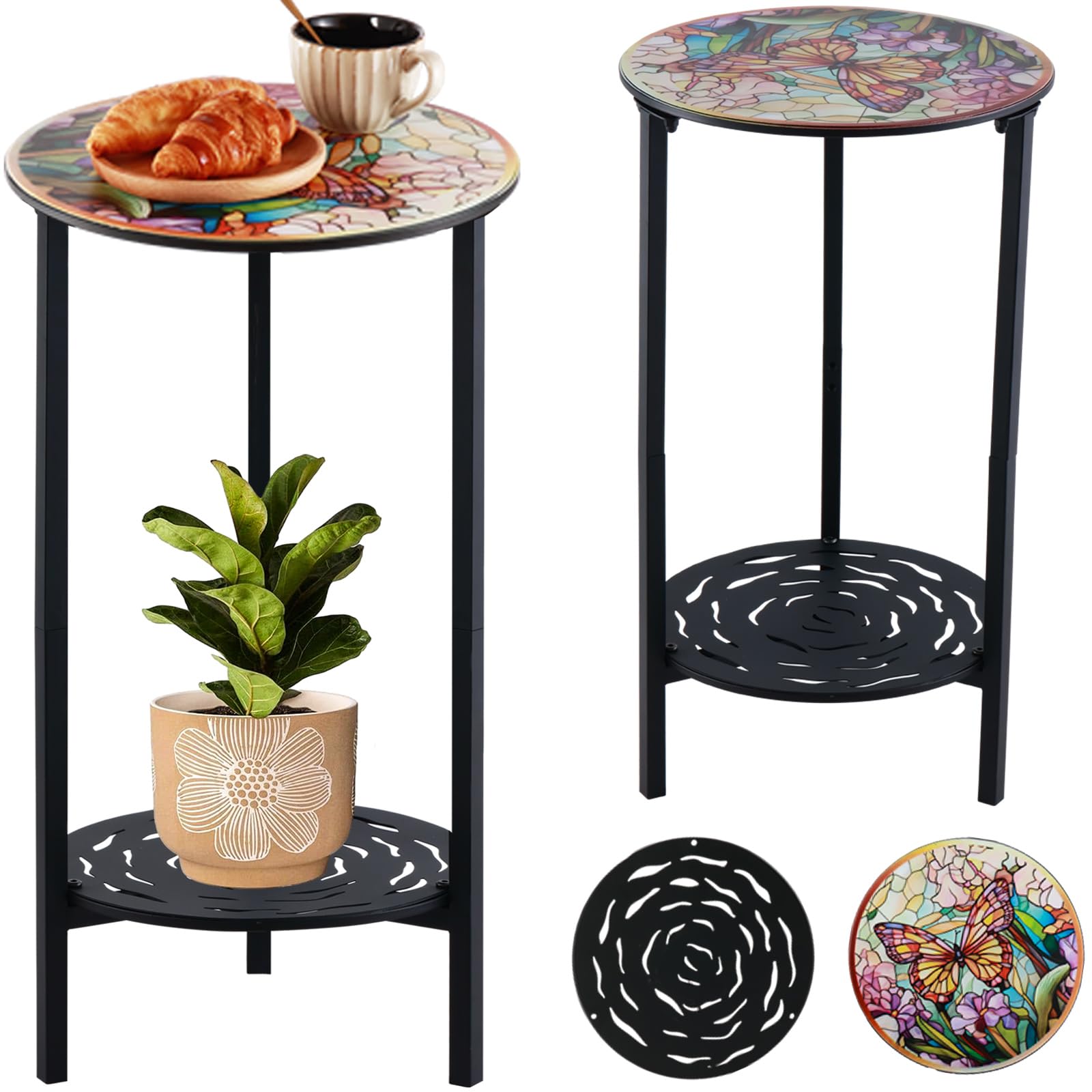 2-Tier Metal Round Side Table Black Accent Coffee Tables Small Space Corner Plant Stand Shelf for Indoor Outdoor Use Patio Balcony End Table Laser-Cut Floral Pattern Weather-Resistant