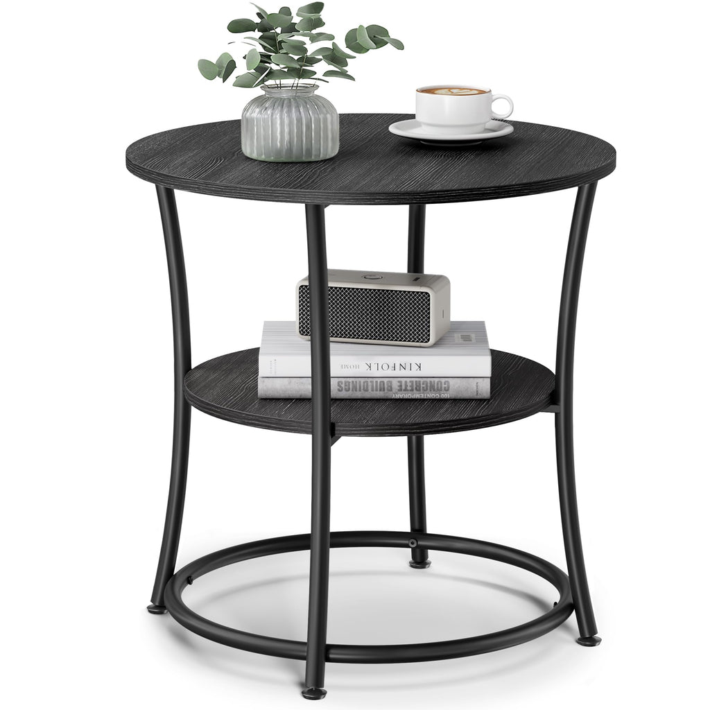 VASAGLE 21.7-Inch Round Side Table, 2-Tier End Table, Nightstand with Steel Frame, Spacious Top, for Small Spaces, Living Room, Bedroom, Heather Greige and Ink Black ULET56BG | 2 Storage Shelves
