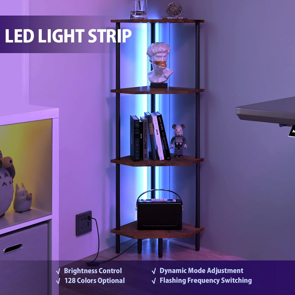 4-Tier LED Corner Shelf, Rustic Brown & Black Multi-Purpose Stand