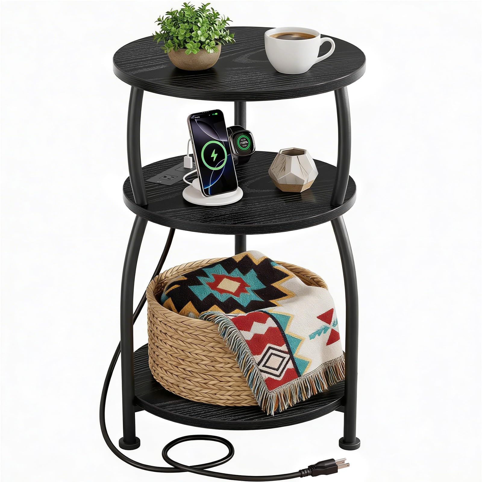 Small Round Side Table, 3-Tier End Table with Storage Shelf, Slim Sofa Table Coffee Table, Sturdy & Easy Assemble Nightstand for Small Spaces, Living Room Bedroom Corner, Grey