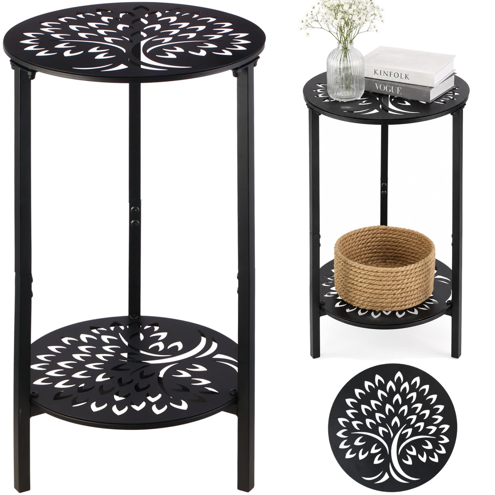 2-Tier Metal Round Side Table Black Accent Coffee Tables Small Space Corner Plant Stand Shelf for Indoor Outdoor Use Patio Balcony End Table Laser-Cut Floral Pattern Weather-Resistant
