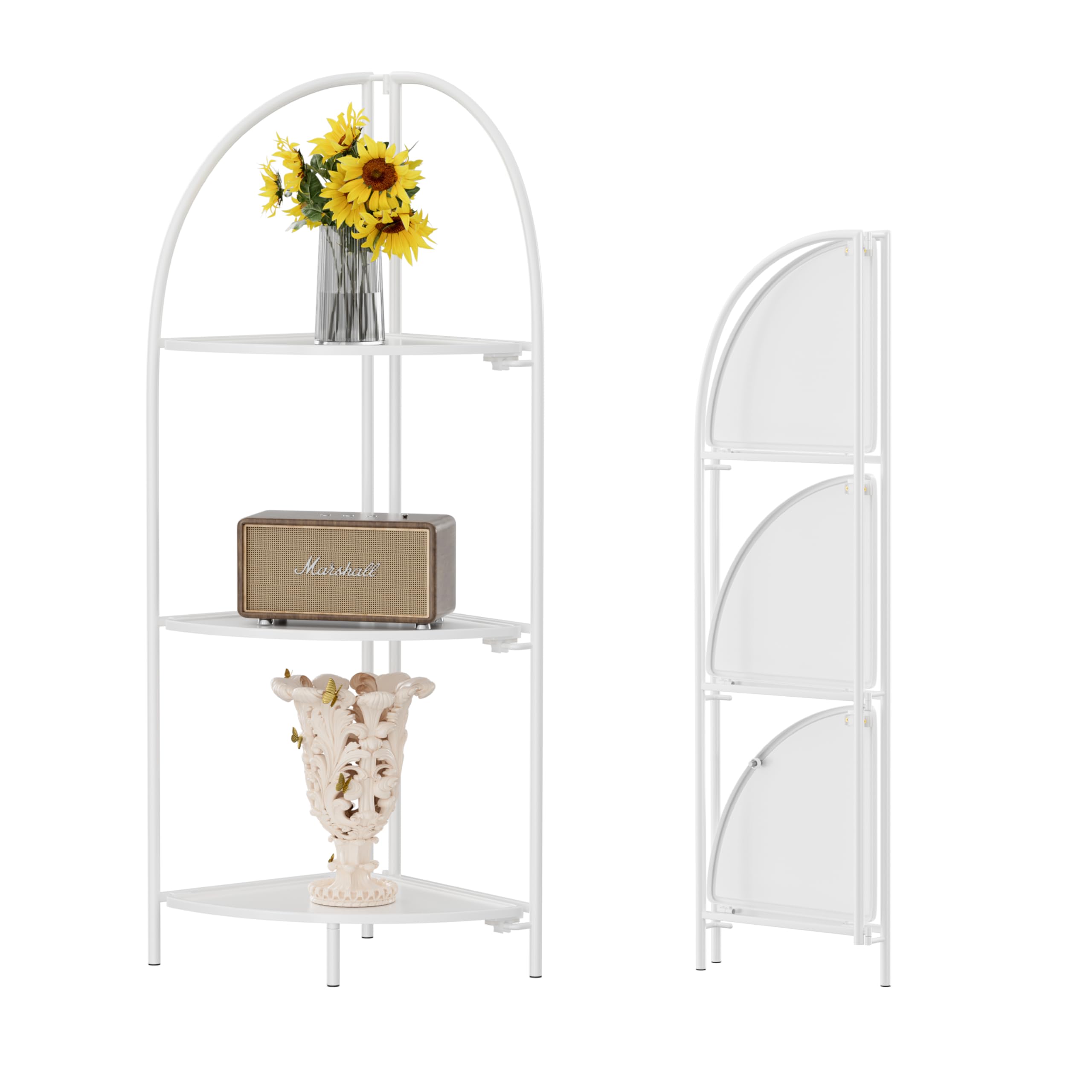 Crofy Foldable 5 Tier Corner Shelf, Metal Corner Plant Stand with Gold Frame and Transparent Shelves, Corner Display Rack Multipurpose Shelving Unit for Living Room, Bedroom, Bathroom