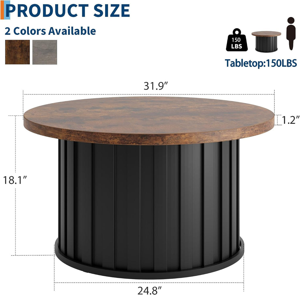 GAOMON 31.9" Round Coffee Table Mid-Century Modern with Fluted Texture & Sturdy Metal Base, Vintage Grey Accent Table for Living Room, Apartment & Small Space, Brown+Black