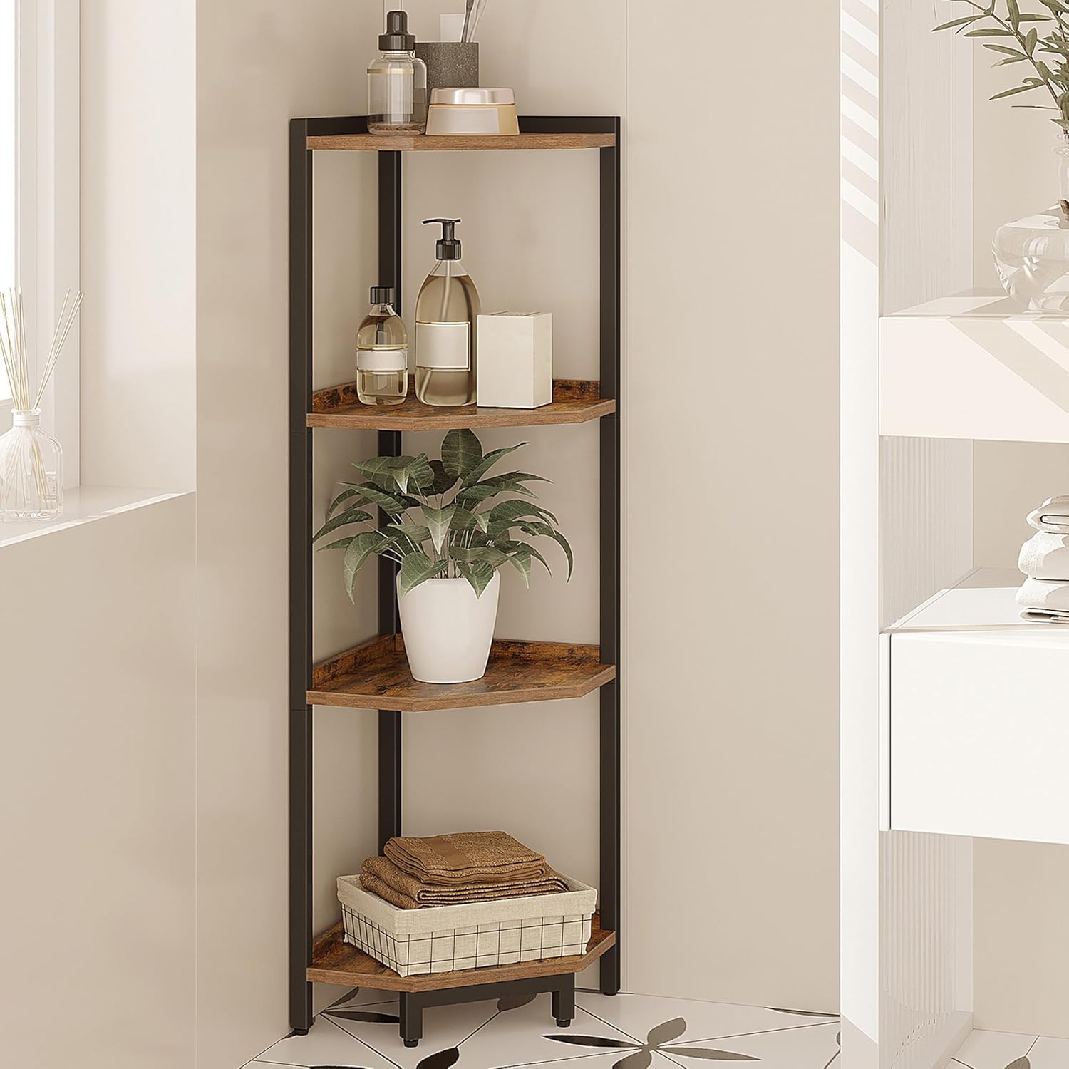 Hzuaneri Corner Shelf Stand, Corner Bookshelf, Storage Standing Shelf Unit with Metal Frame, Plant Stand, Bookcase for Living Room, Home Office, Bedroom, 6-Tier Rustic Brown CS06001B
