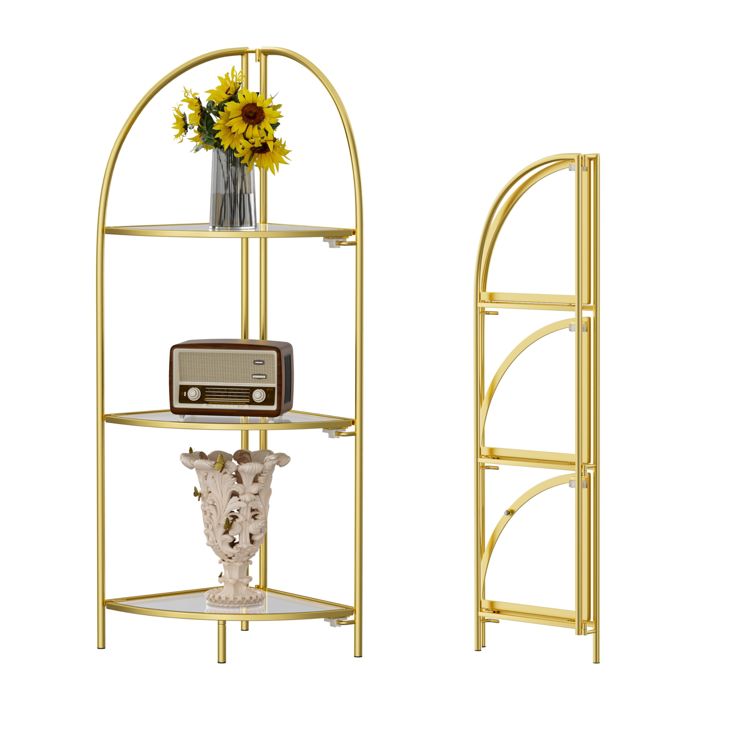 Crofy Foldable 5 Tier Corner Shelf, Metal Corner Plant Stand with Gold Frame and Transparent Shelves, Corner Display Rack Multipurpose Shelving Unit for Living Room, Bedroom, Bathroom