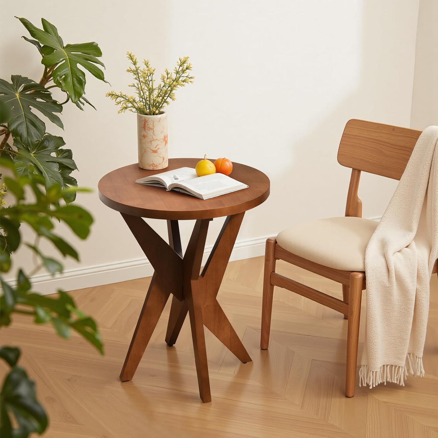 Walnut Brown Farmhouse Side Table, MDF Top for Living Room & Bedroom