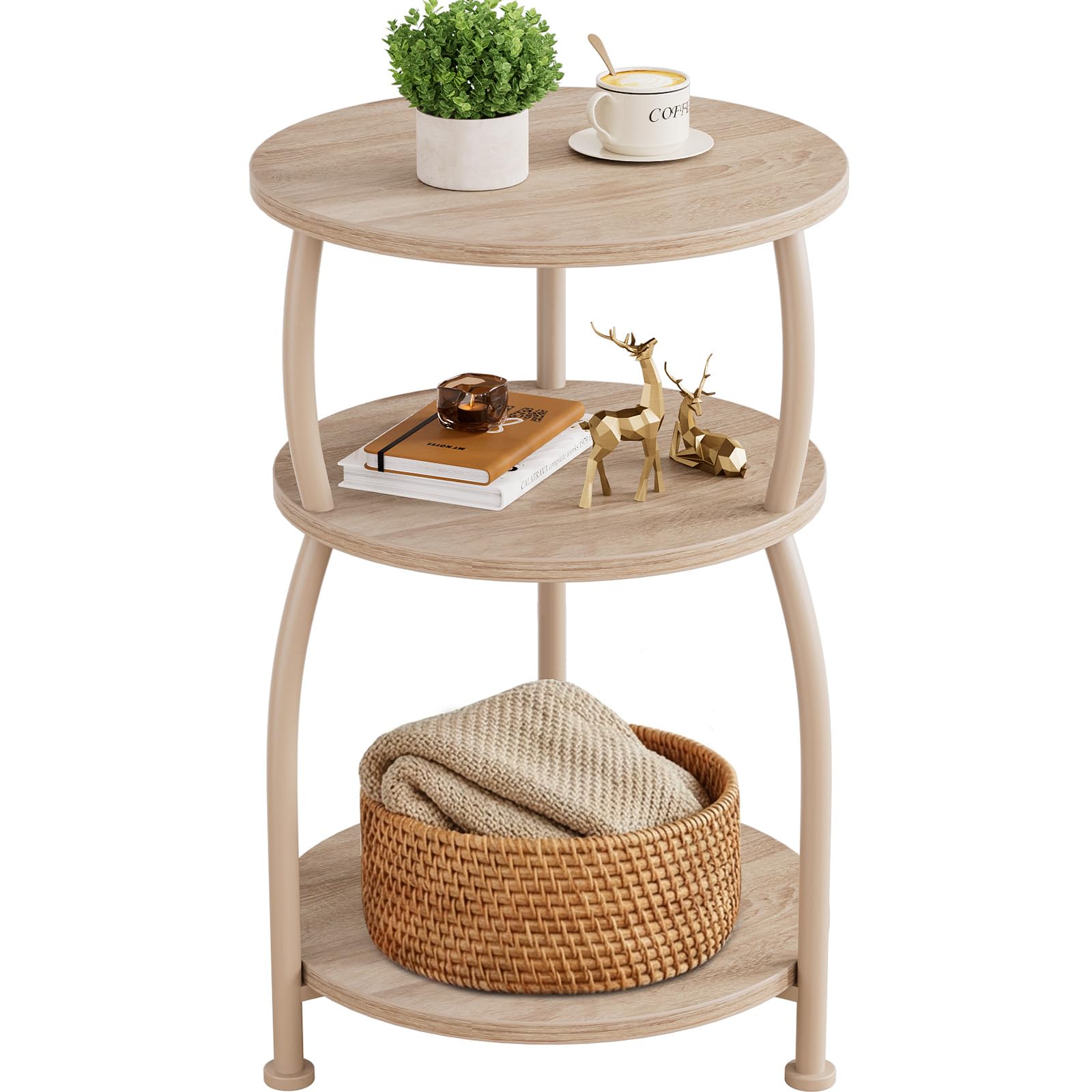 Small Round Side Table, 3-Tier End Table with Storage Shelf, Slim Sofa Table Coffee Table, Sturdy & Easy Assemble Nightstand for Small Spaces, Living Room Bedroom Corner, Grey
