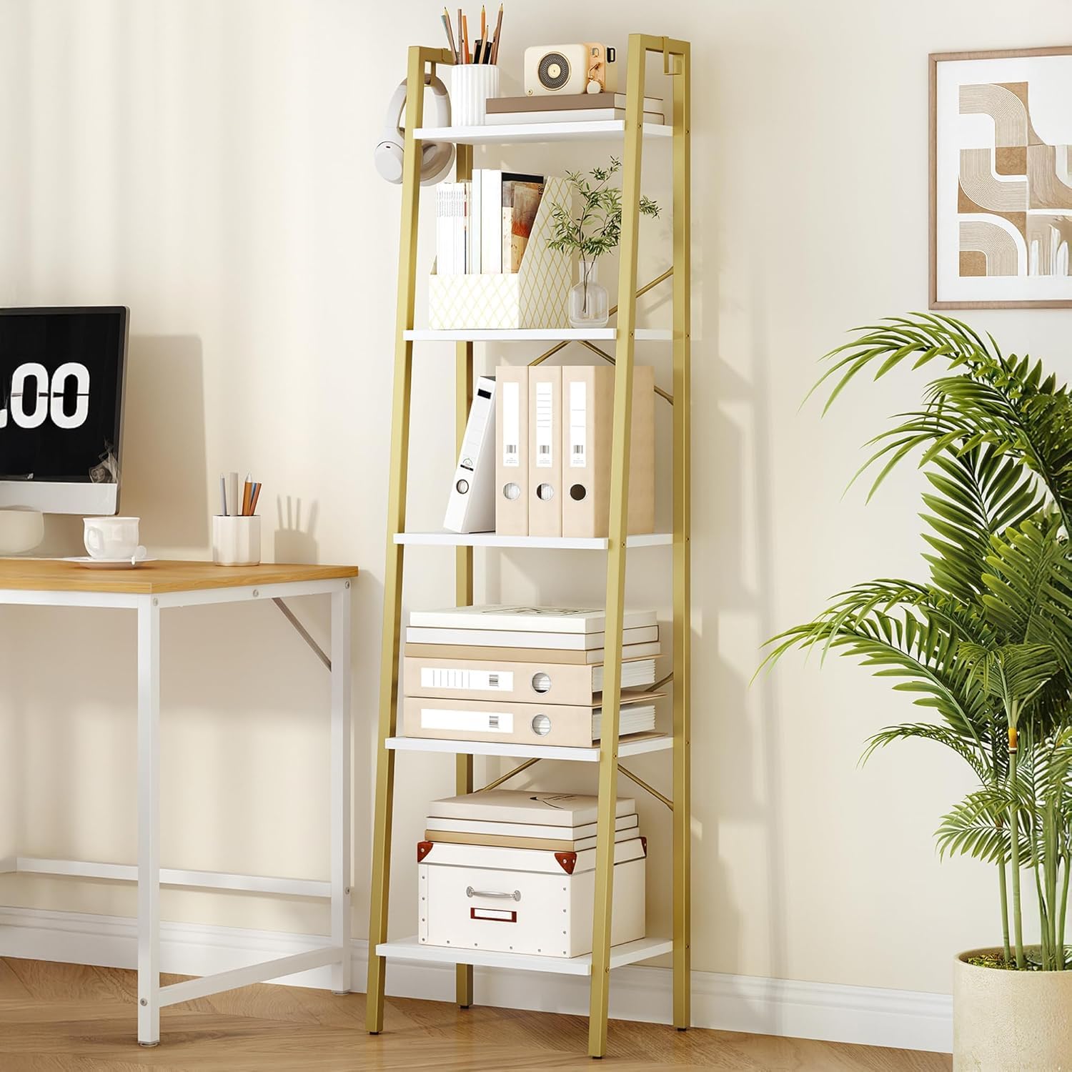 Hzuaneri Ladder Shelf, Bookshelf Bookcase, Freestanding Corner Storage Shelve with 2 Hooks for Home Office, Living Room, Kitchen, Bedroom, Industrial, 11.8" D x 13.4" W x 72.8" H,White Gold BC13313G