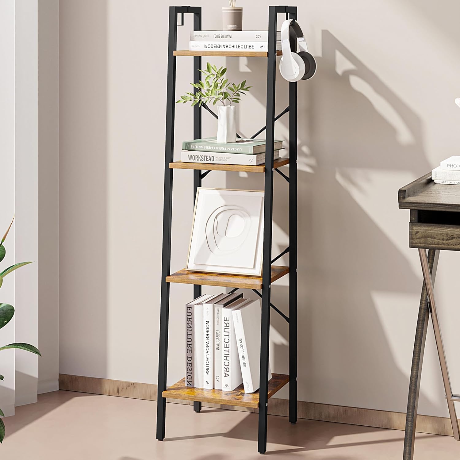 Hzuaneri Ladder Shelf, Bookshelf Bookcase, Freestanding Corner Storage Shelve with 2 Hooks for Home Office, Living Room, Kitchen, Bedroom, Industrial, 11.8" D x 13.4" W x 72.8" H,White Gold BC13313G