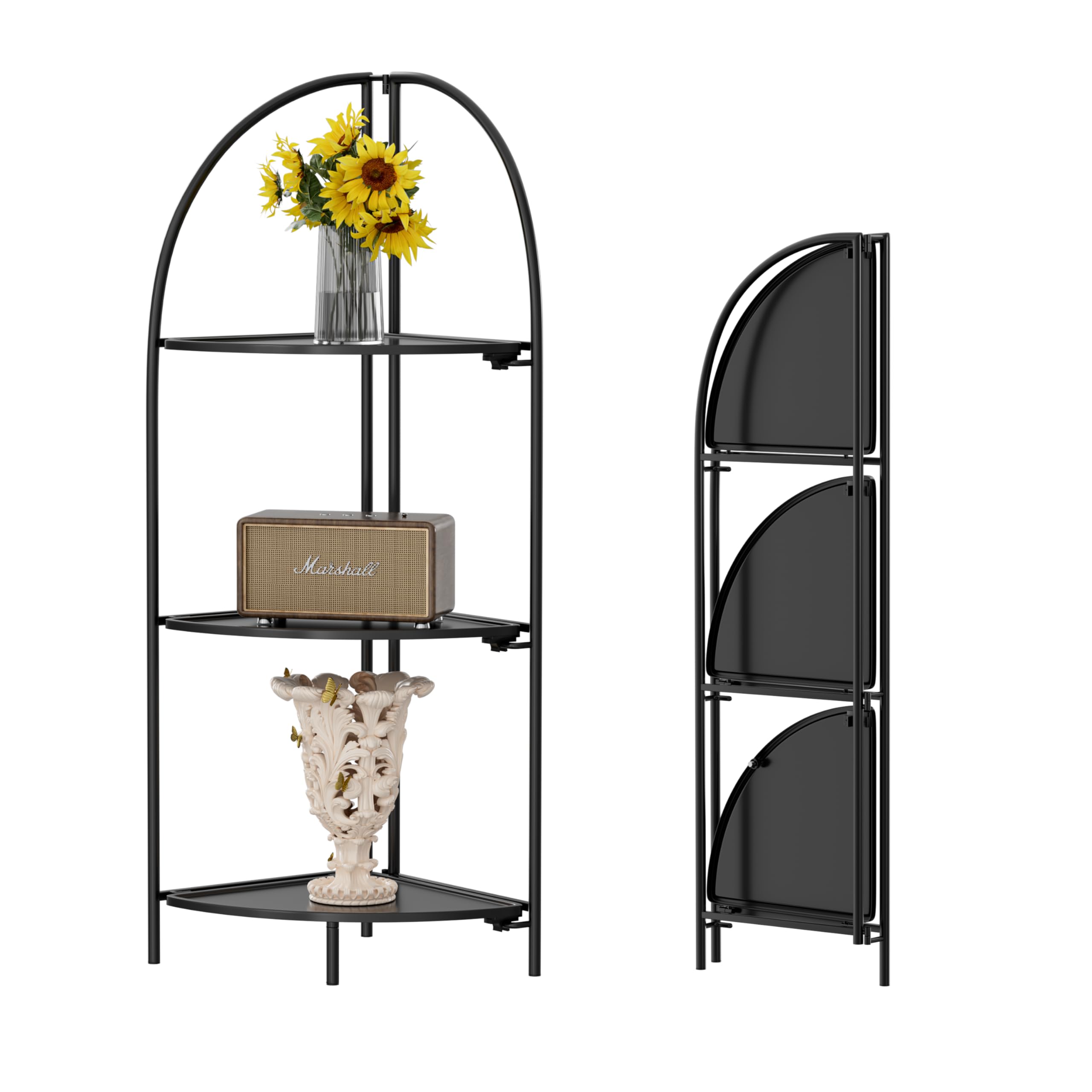 Crofy Foldable 5 Tier Corner Shelf, Metal Corner Plant Stand with Gold Frame and Transparent Shelves, Corner Display Rack Multipurpose Shelving Unit for Living Room, Bedroom, Bathroom