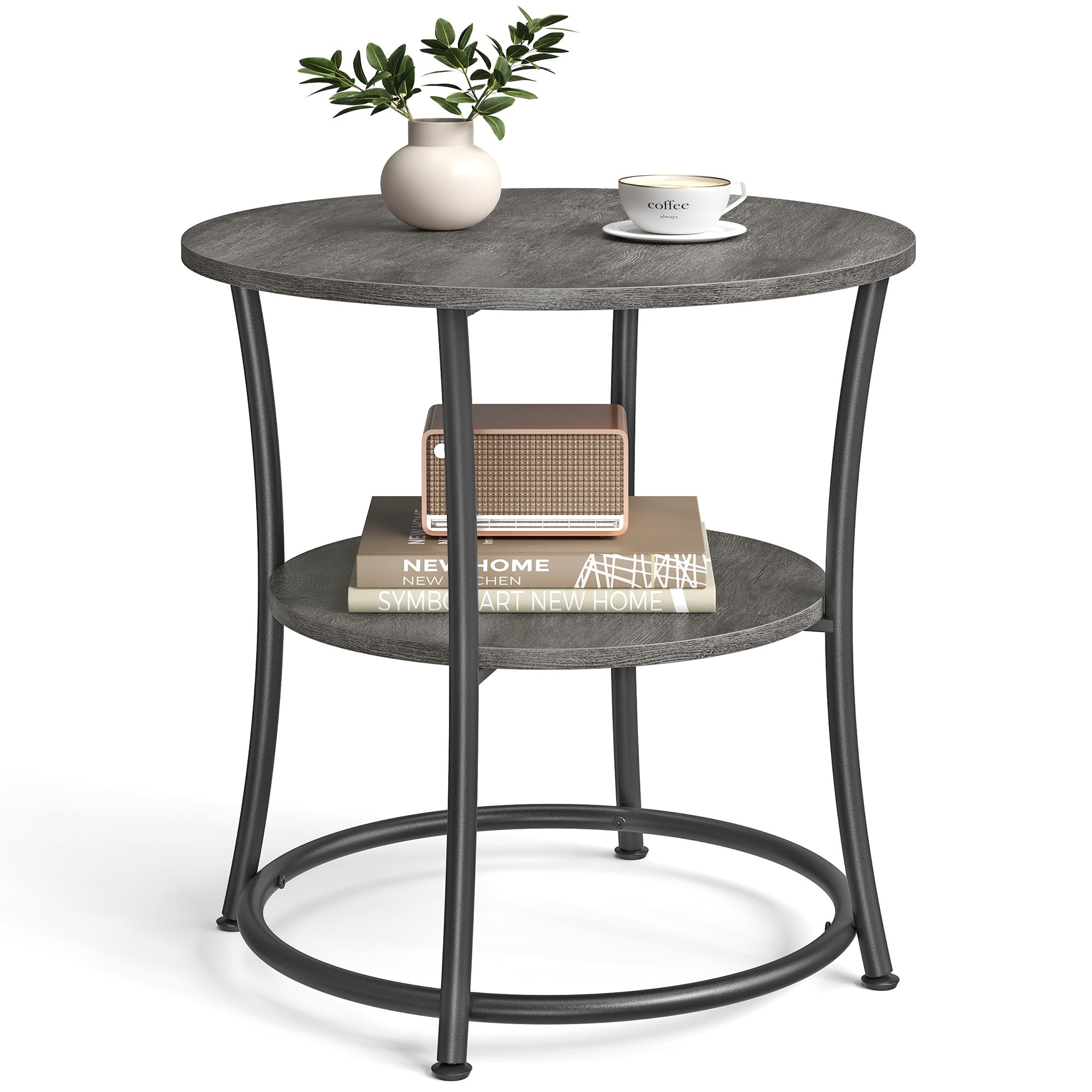VASAGLE 21.7-Inch Round Side Table, 2-Tier End Table, Nightstand with Steel Frame, Spacious Top, for Small Spaces, Living Room, Bedroom, Heather Greige and Ink Black ULET56BG | 2 Storage Shelves