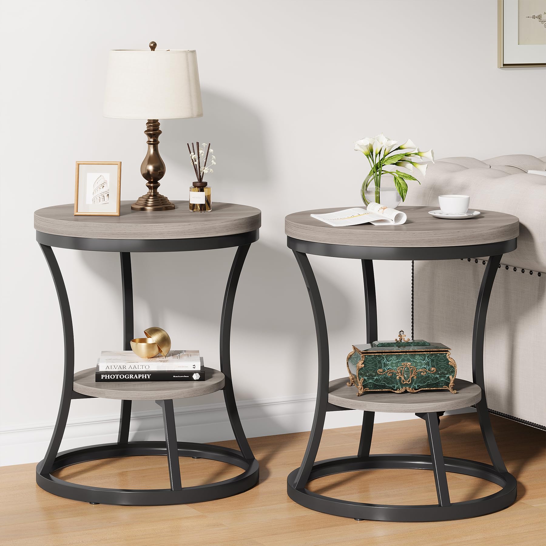 Round End Table, 2 Tier Industrial Side Table, Accent Bedside Table Nightstand with Metal Frame for Living Room, Bedroom, Small Spaces, Easy Assembly, Rustic Brown & Black
