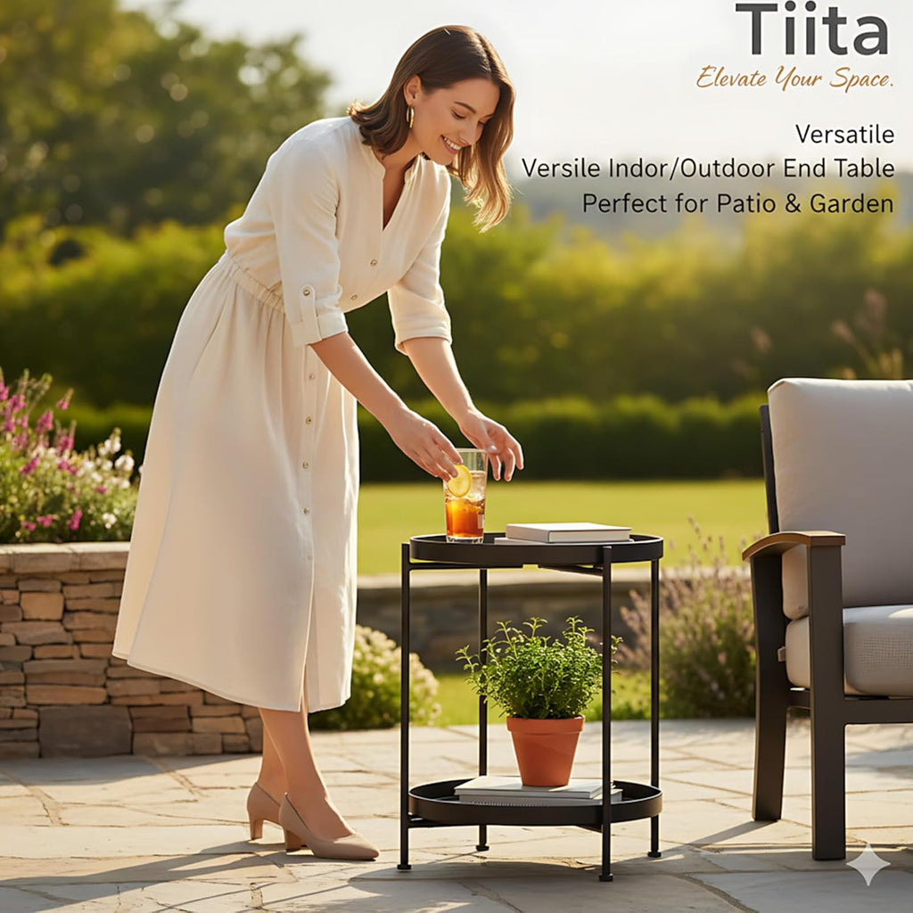 Tiita Round End Table Mental 2-Tier Side Table Nightstand/Small Iron Tables Accent Coffee Table for Living Room Bedroom Office Small Space