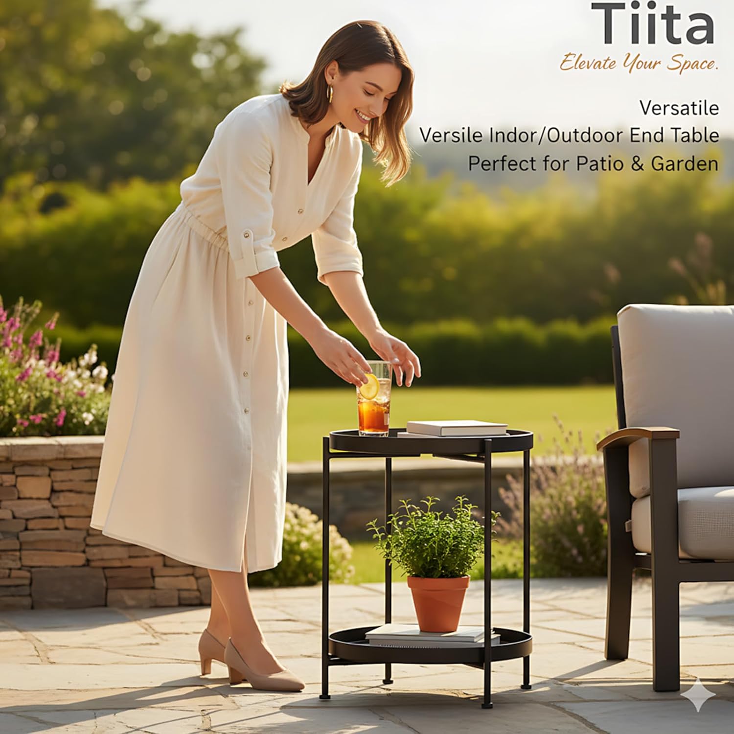 Tiita Round End Table Mental 2-Tier Side Table Nightstand/Small Iron Tables Accent Coffee Table for Living Room Bedroom Office Small Space