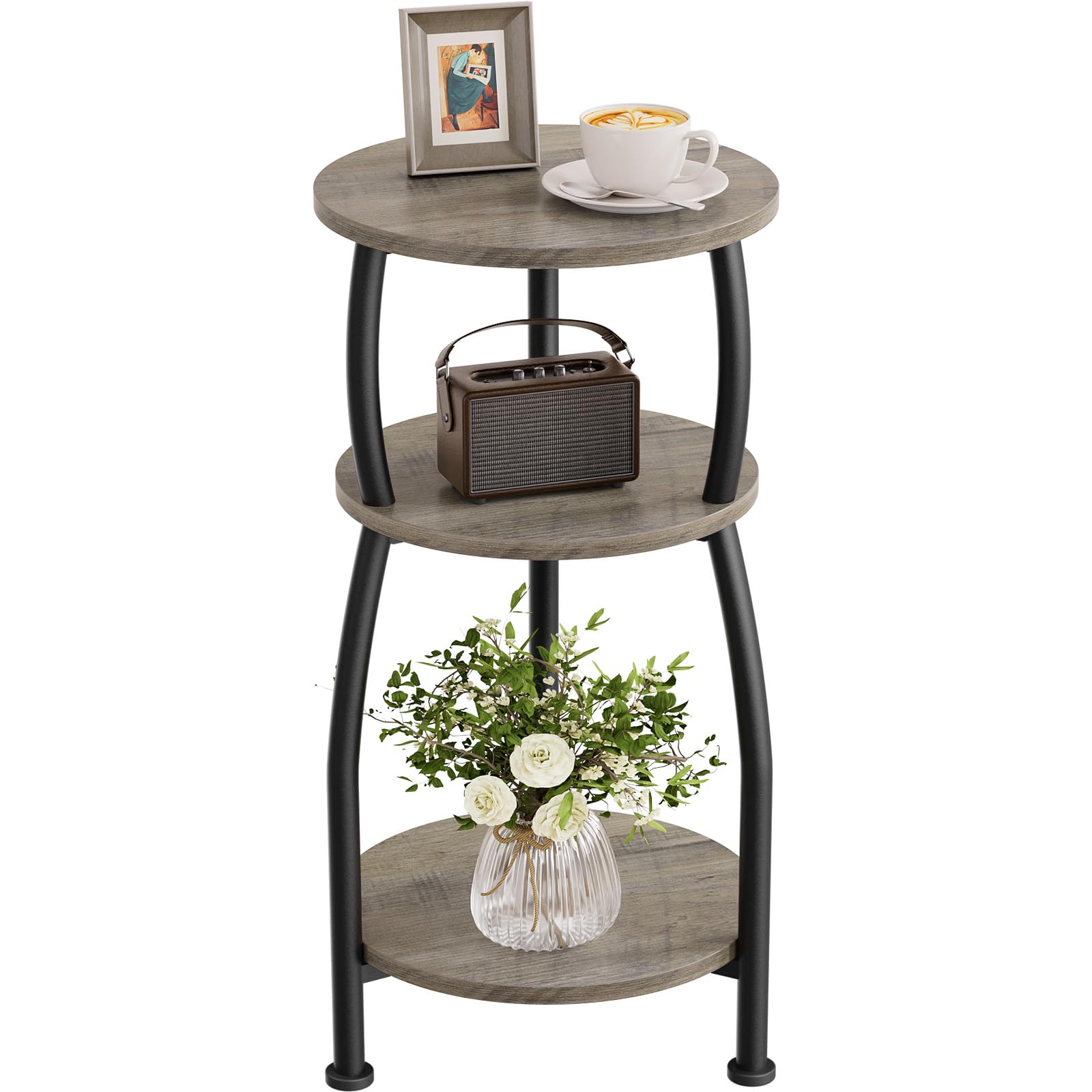 Small Round Side Table, 3-Tier End Table with Storage Shelf, Slim Sofa Table Coffee Table, Sturdy & Easy Assemble Nightstand for Small Spaces, Living Room Bedroom Corner, Grey