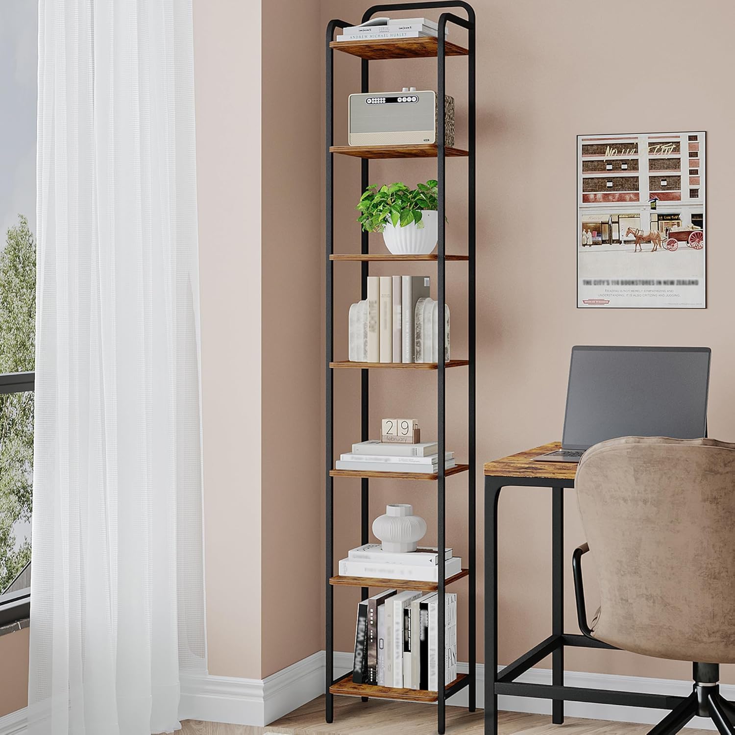 Hzuaneri Bookcase Bookshelf, Narrow Book Shelf, Industrial Corner Shelf Storage Organizer, Slim Shelving Unit for Home Office, Living Room, Bedroom, Kitchen, 6-Tier Black BC24604B