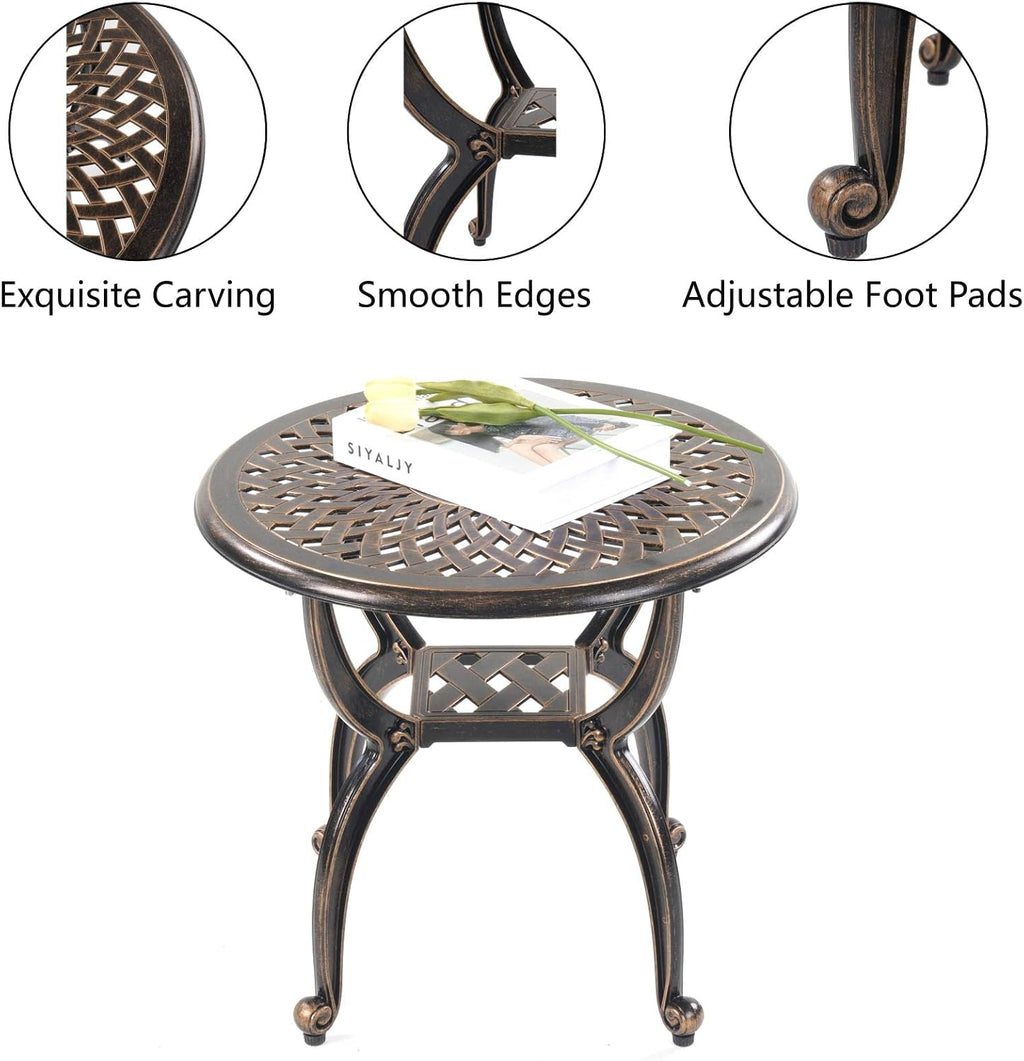 Mandolin Outdoor Patio,Rust -Resistant Cast Aluminum Side Table,Weather Resistant End Table，Coffee Table， Perfect for Patio, Backyard Or Garden. (Aluminum Round, Copper)