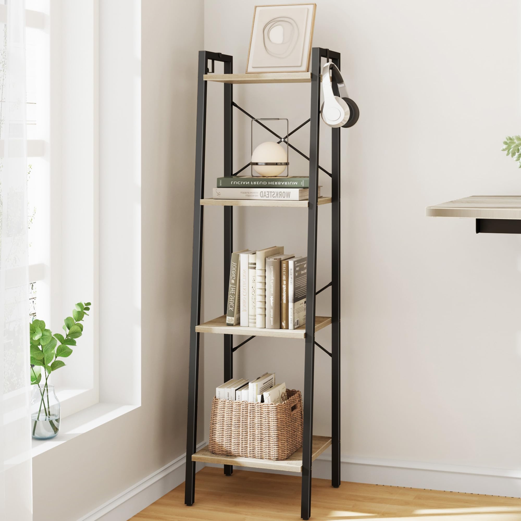Hzuaneri Ladder Shelf, Bookshelf Bookcase, Freestanding Corner Storage Shelve with 2 Hooks for Home Office, Living Room, Kitchen, Bedroom, Industrial, 11.8" D x 13.4" W x 72.8" H,White Gold BC13313G