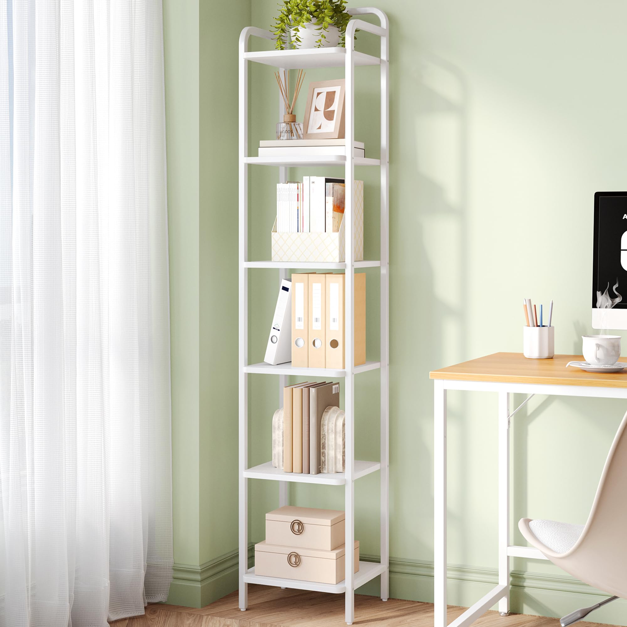 Hzuaneri Bookcase Bookshelf, Narrow Book Shelf, Industrial Corner Shelf Storage Organizer, Slim Shelving Unit for Home Office, Living Room, Bedroom, Kitchen, 6-Tier Black BC24604B