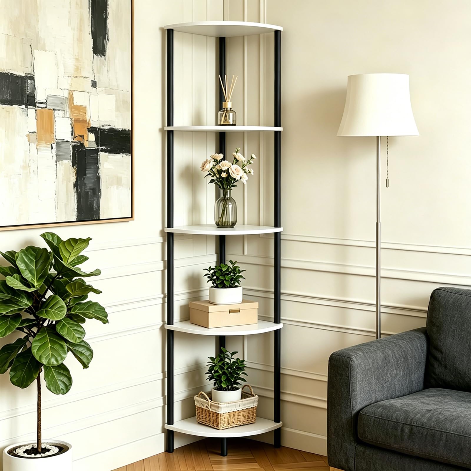 Corner Shelf Stand 5 Tier, Tall Slim Corner Bookshelf, Small Storage Display Shelving Unit for Home Office, Bathroom, Bedroom, Easy Assembly with Anti-Tip Design, Rustic Brown