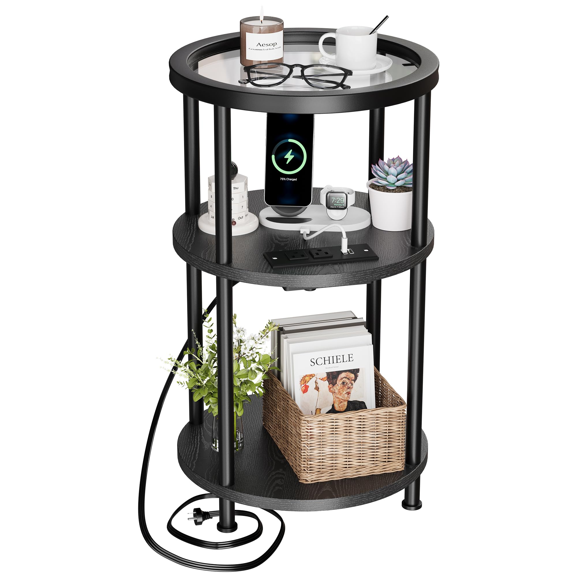 Homeiju Glass Side Table, 3-Tier Glass End Table with Adjustable Feet, Bedside Table for Small Space for Living Room, Balcony, Bedroom, Black